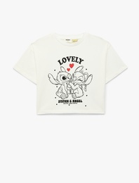 Lisanslı Stitch Baskılı Uzun Kollu Bisiklet Yaka Pamuklu Tişört