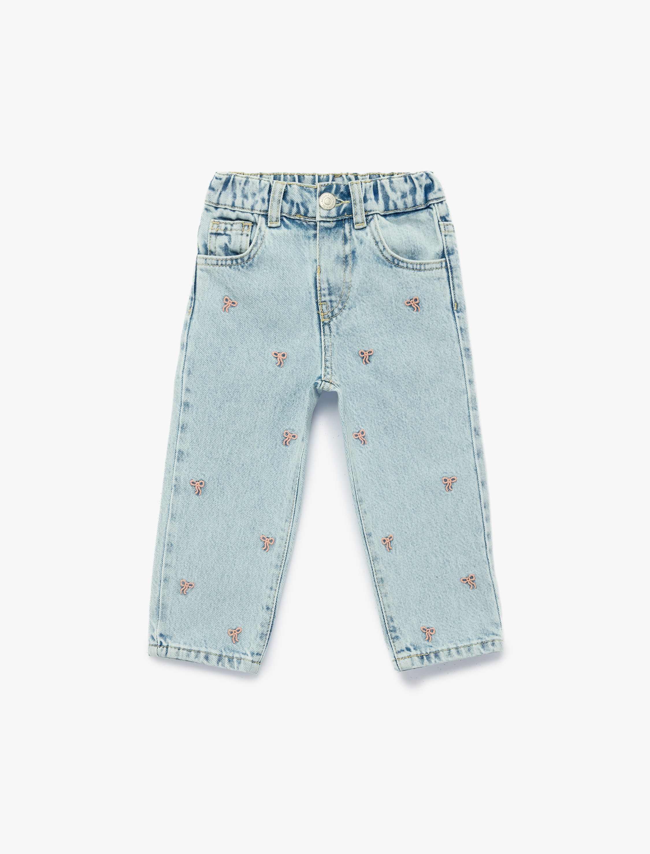  Kız Bebek Pamuklu Kalp Nakış Detaylı Beli Lastikli Denim Pantolon