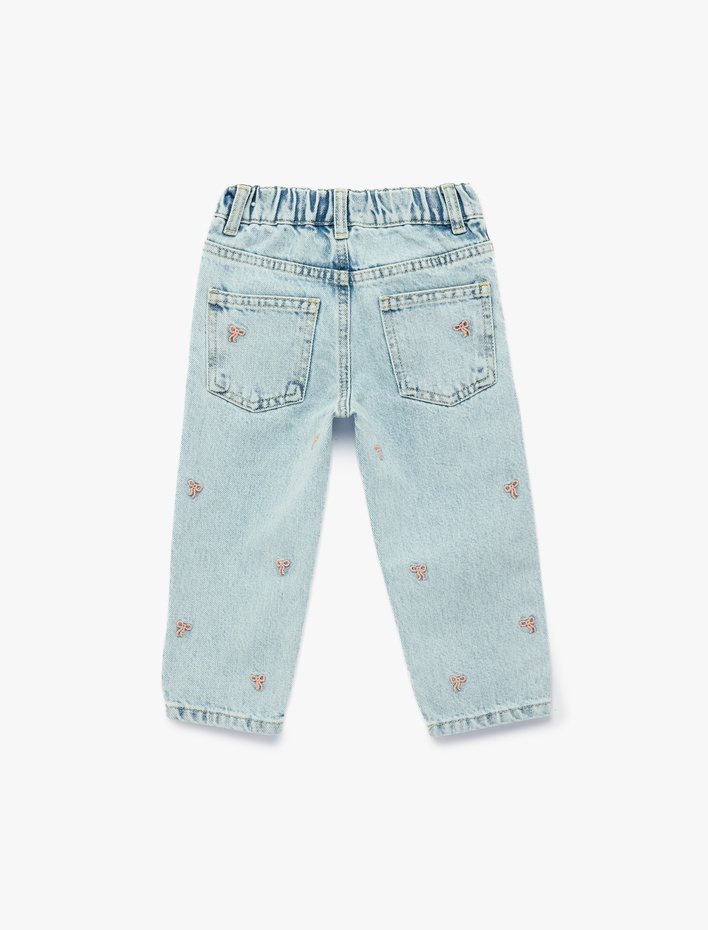 Kız Bebek Pamuklu Kalp Nakış Detaylı Beli Lastikli Denim Pantolon