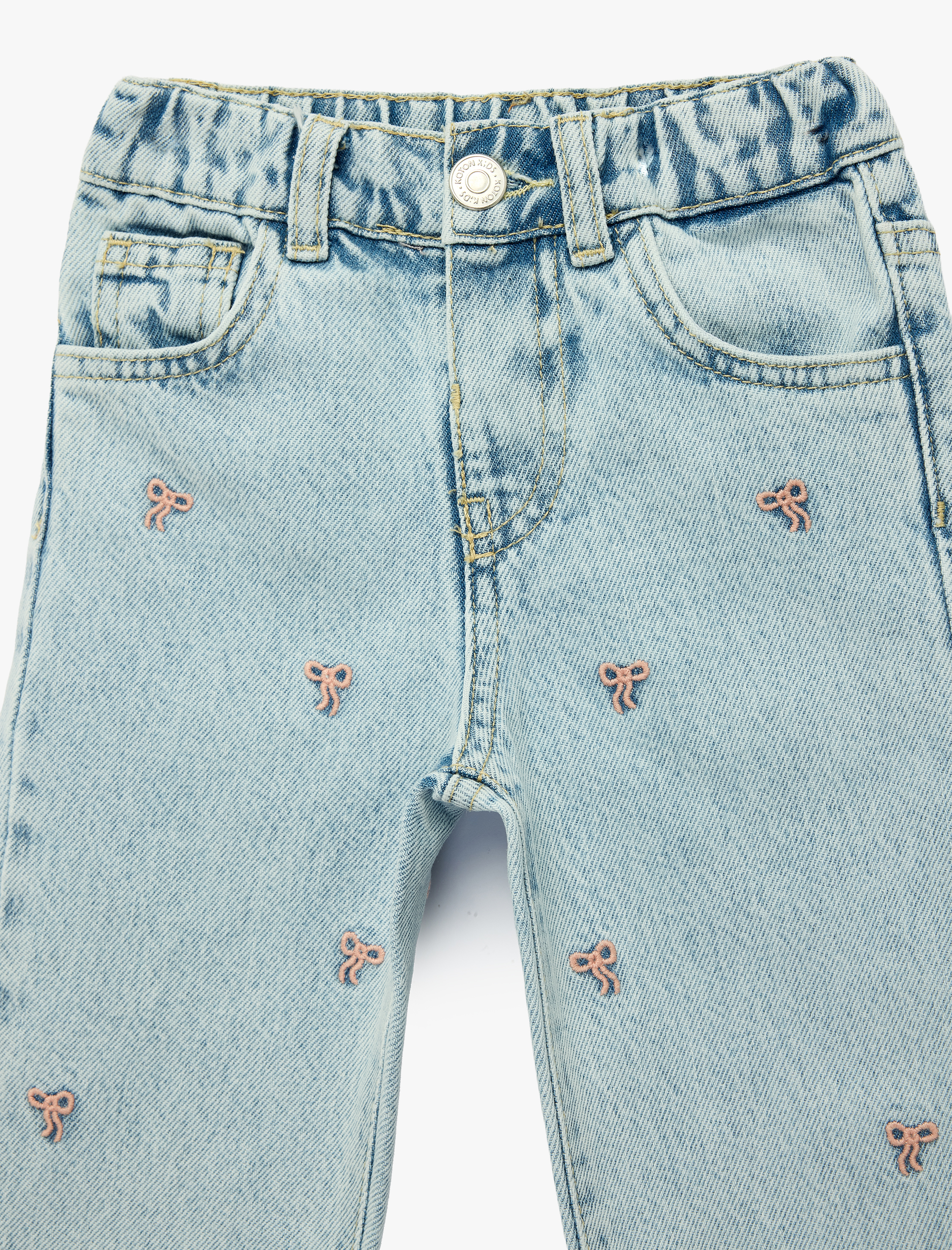  Kız Bebek Pamuklu Kalp Nakış Detaylı Beli Lastikli Denim Pantolon