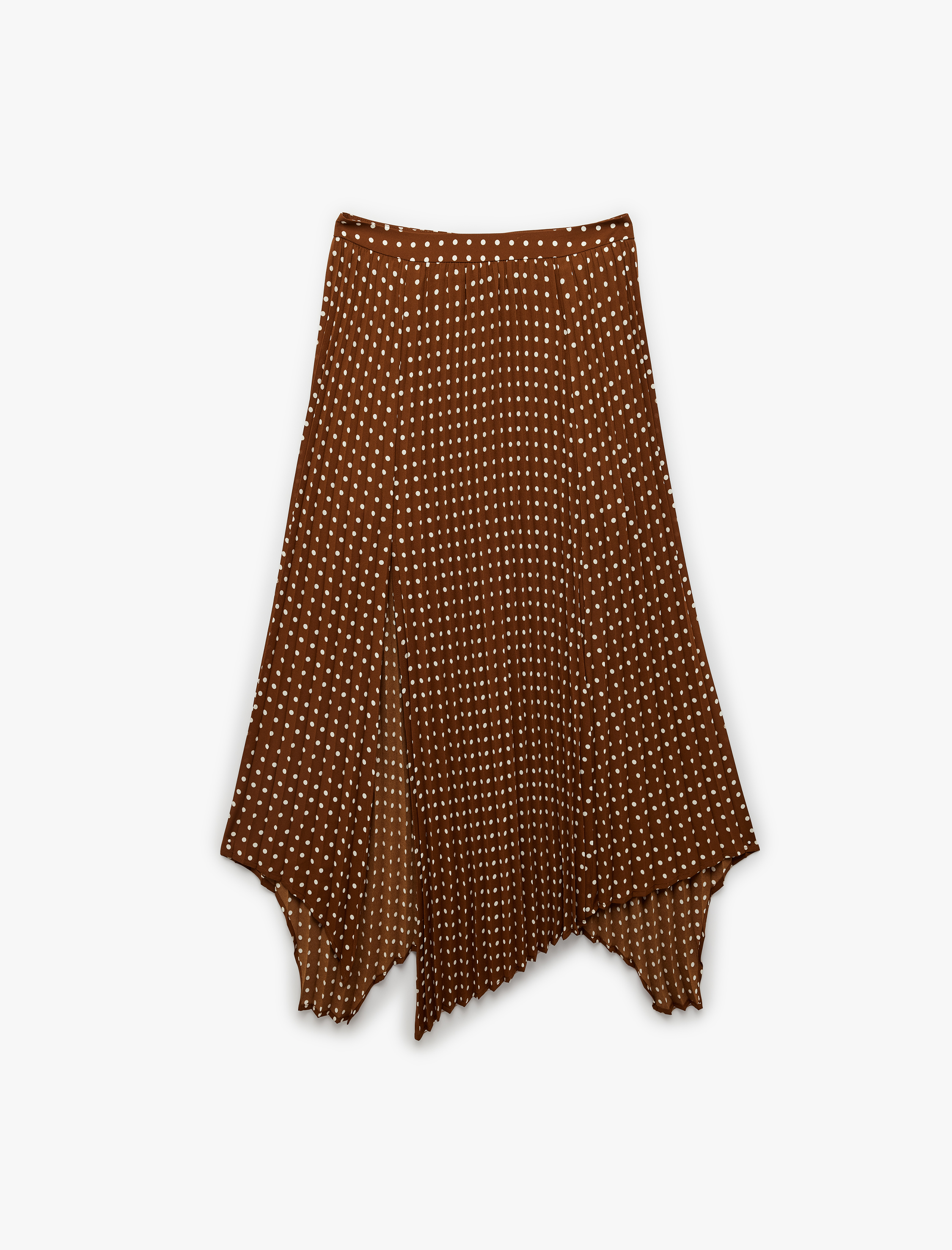   Puantiyeli Yüksek Bel Pileli Krep Kumaş Asimetrik Midi Etek