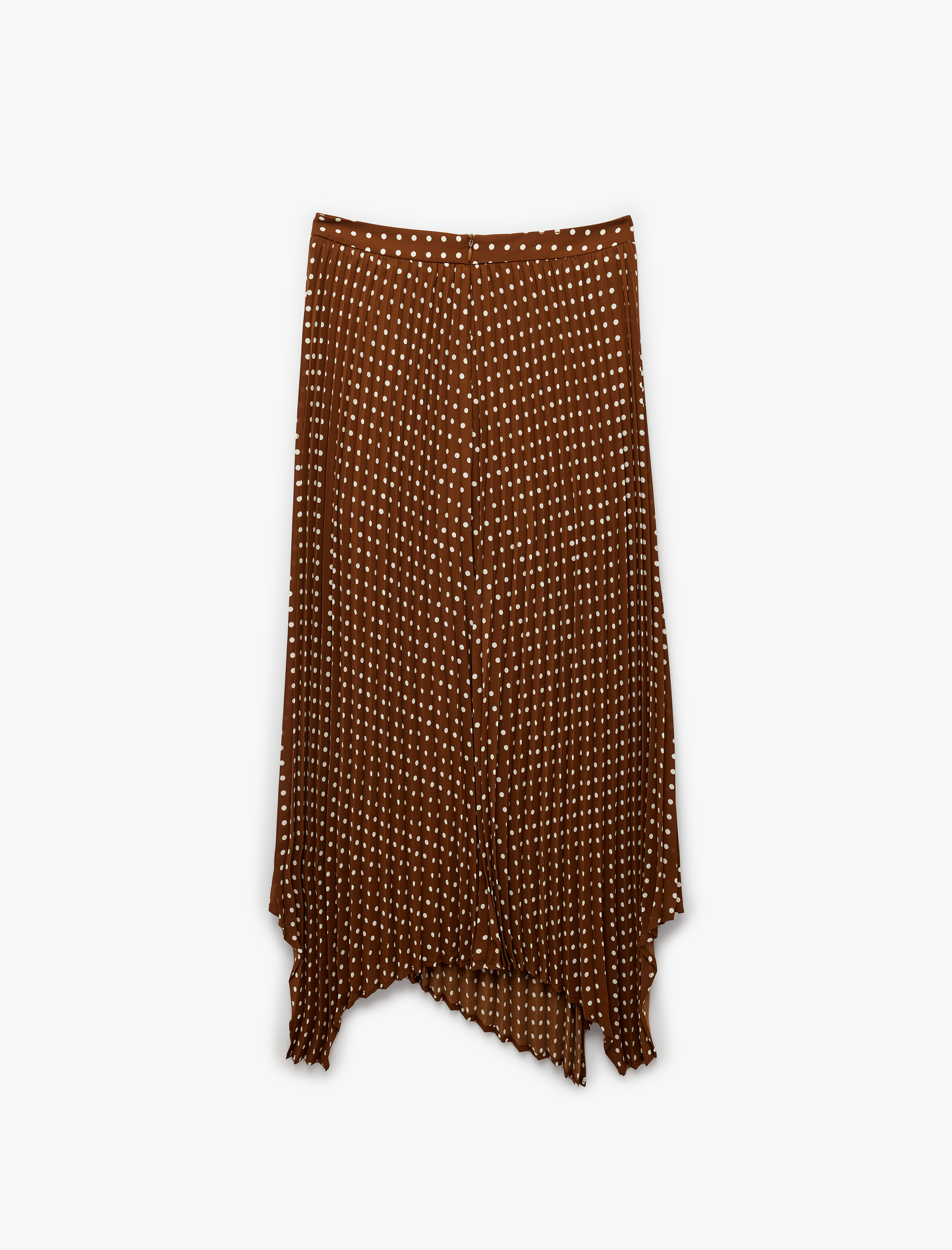   Puantiyeli Yüksek Bel Pileli Krep Kumaş Asimetrik Midi Etek