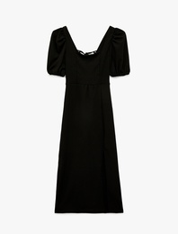 Balon Kol Kare Yaka Slim Fit Bürümcük Bodycon Midi Elbise