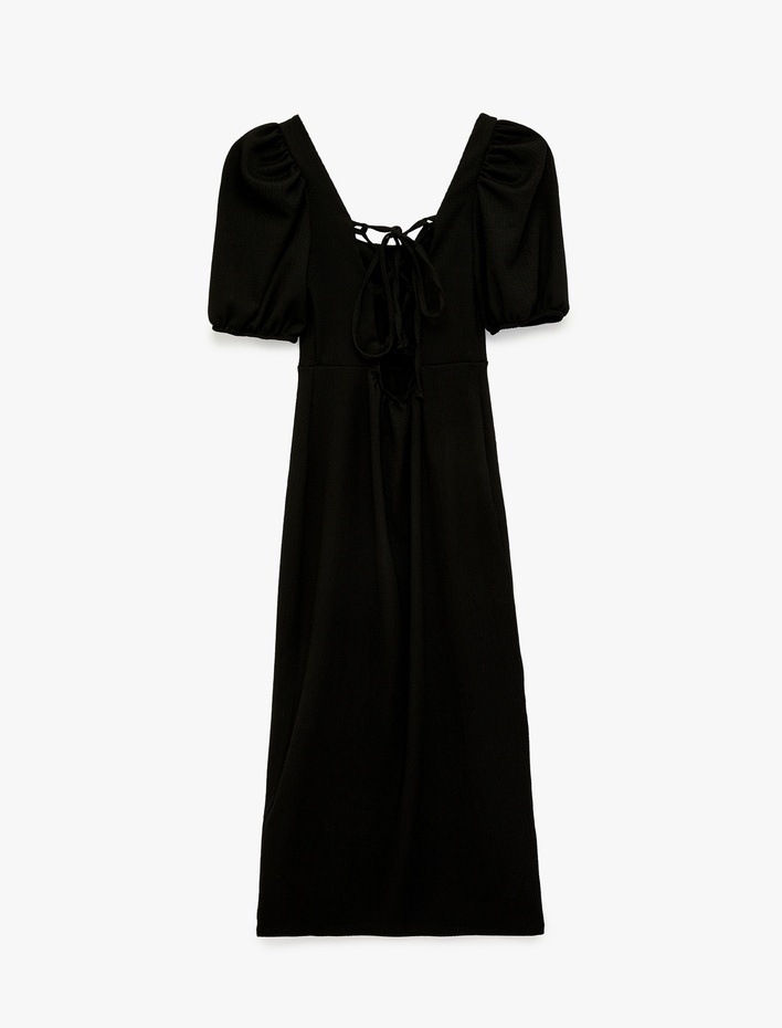  Balon Kol Kare Yaka Slim Fit Bürümcük Bodycon Midi Elbise