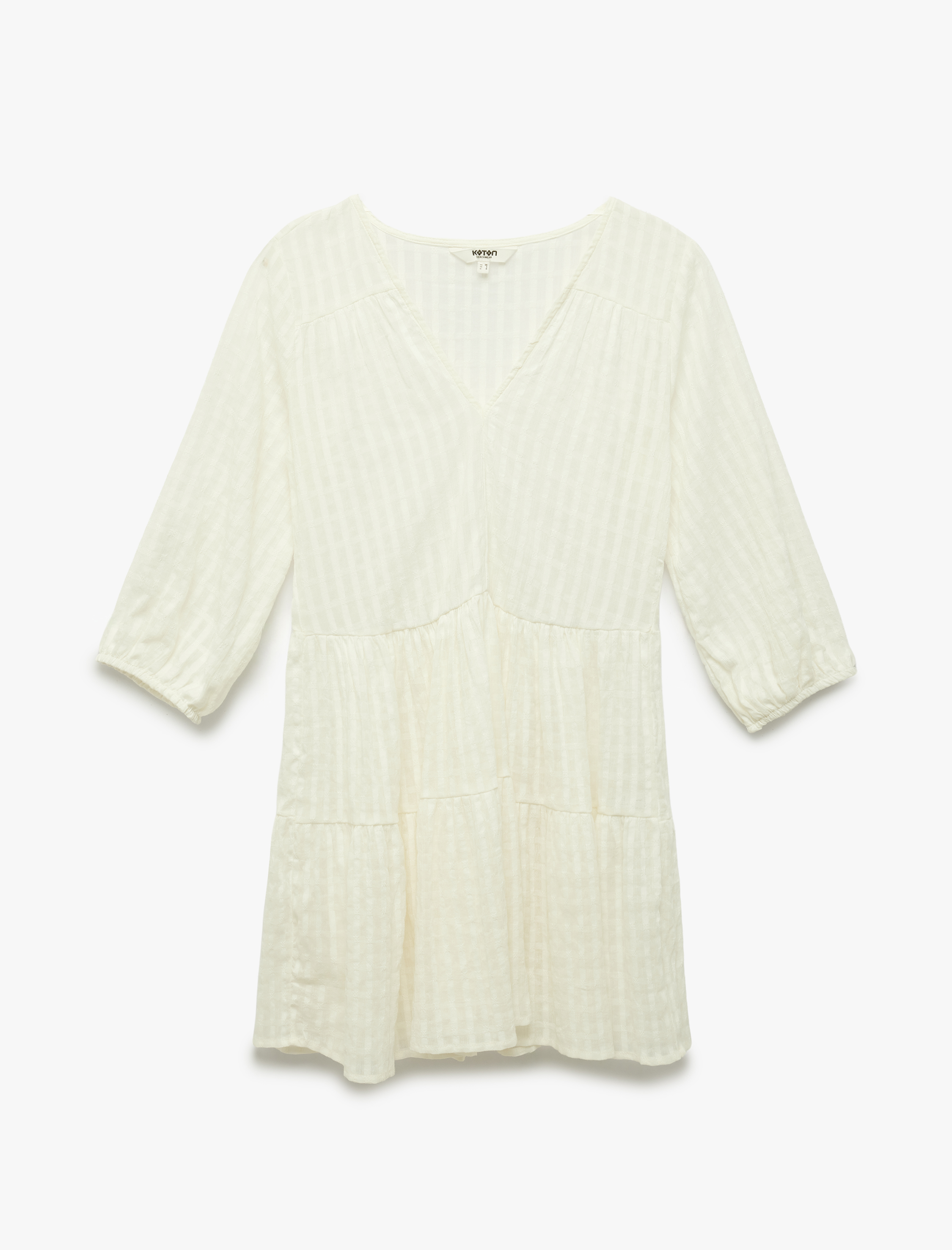   Pamuklu Rahat Kalıp Uzun Kollu V Yaka Kısa Plaj Elbisesi