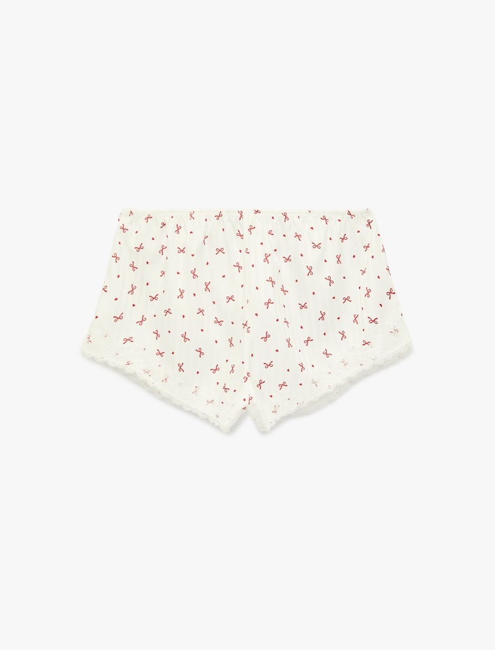  Rahat Kesim Fiyonk Baskılı Dantel Detaylı Mini Pijama Altı