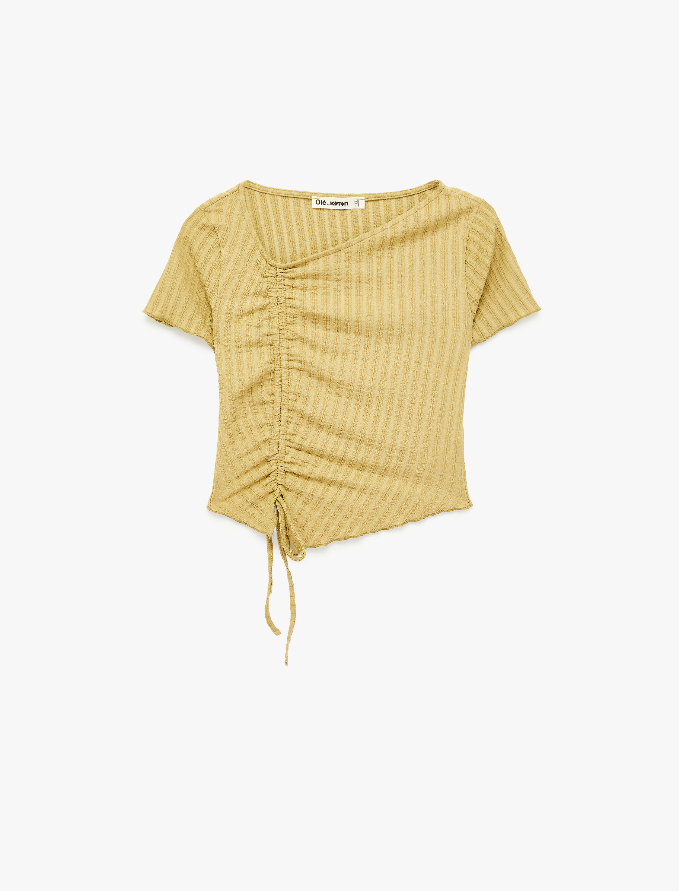   Asimetrik Kesim Büzgülü Kısa Kollu Bürümcük Bisiklet Yaka Bluz