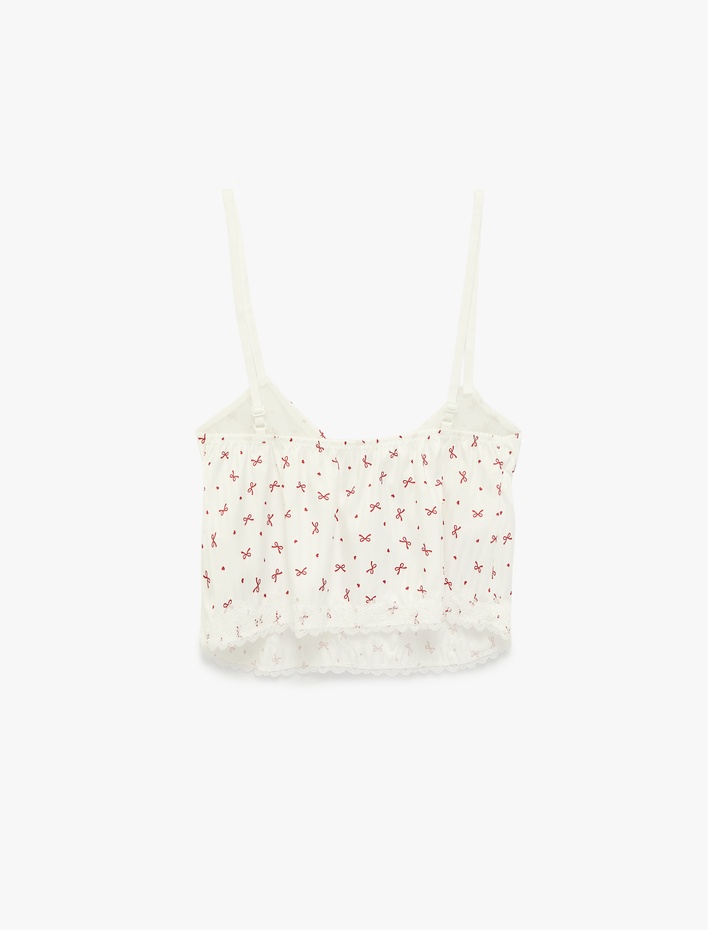  Fiyonk Baskılı Dantel Detaylı V Yaka Askılı Pijama Üstü