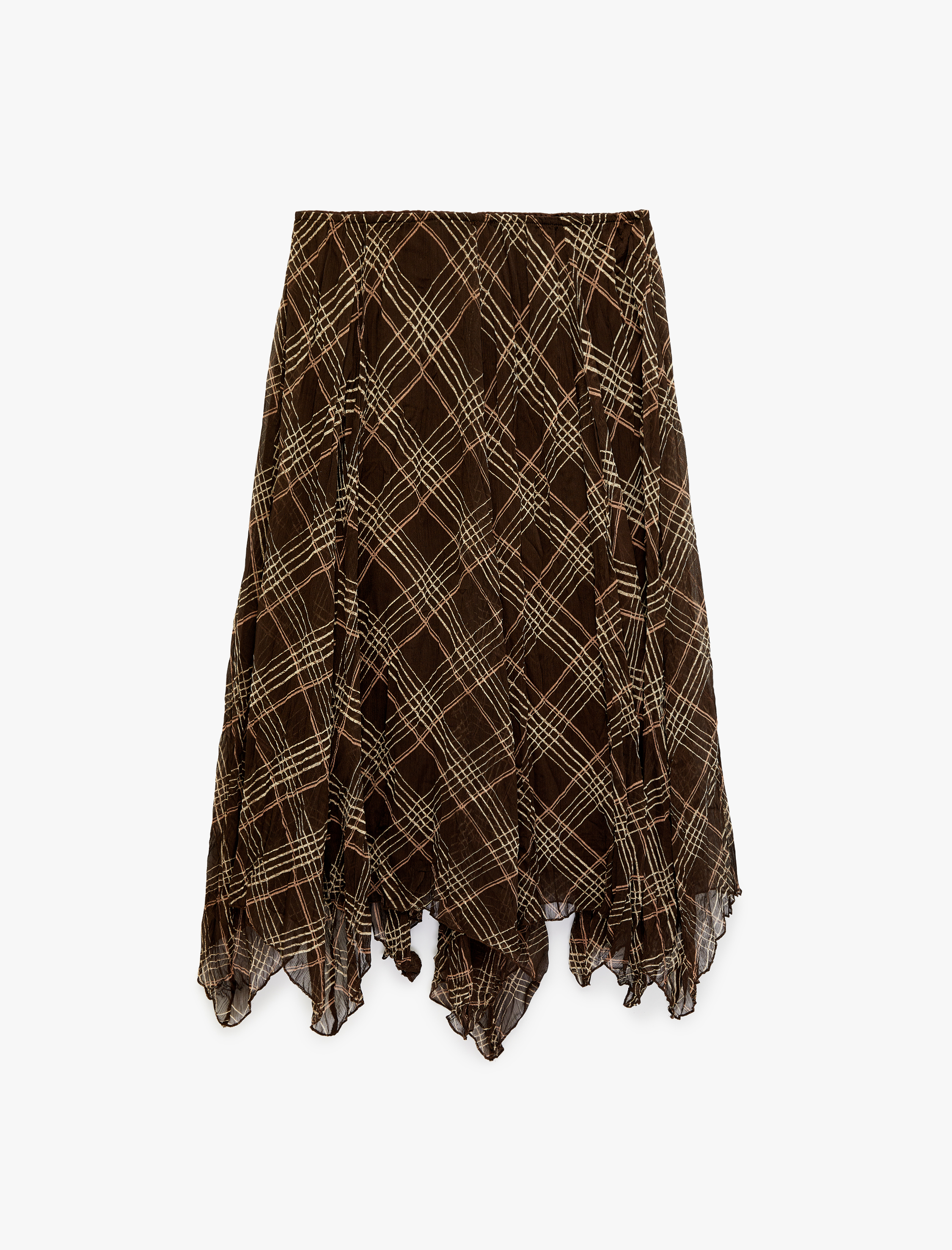   Asimetrik Kesim Volanlı Uzun Ekoseli Şifon Etek