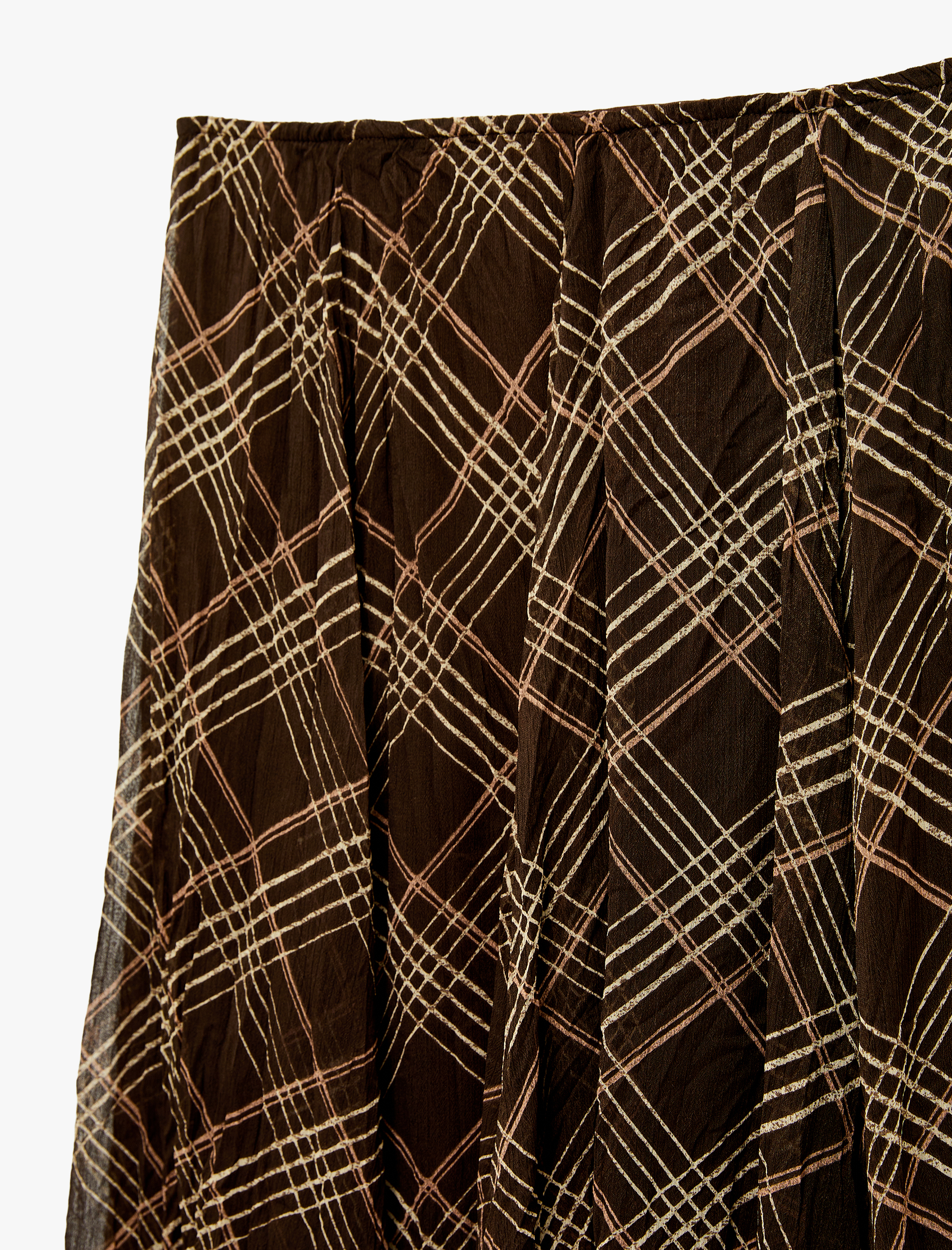   Asimetrik Kesim Volanlı Uzun Ekoseli Şifon Etek