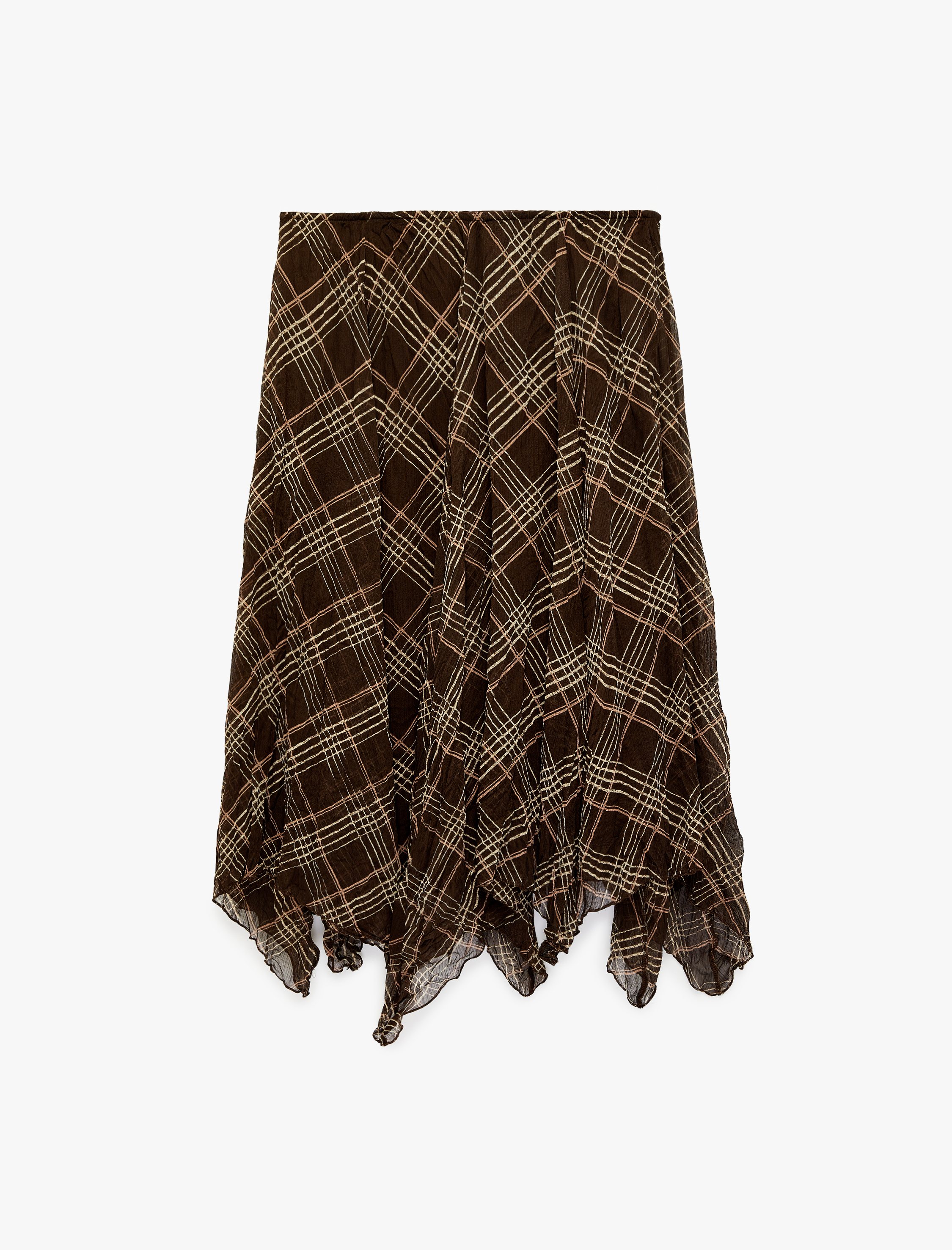   Asimetrik Kesim Volanlı Uzun Ekoseli Şifon Etek