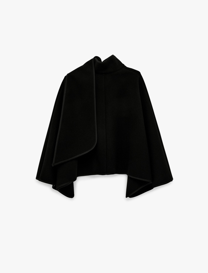  Uzun Pelerin Kol Oversize Dik Şal Yaka Kaşe Ceket