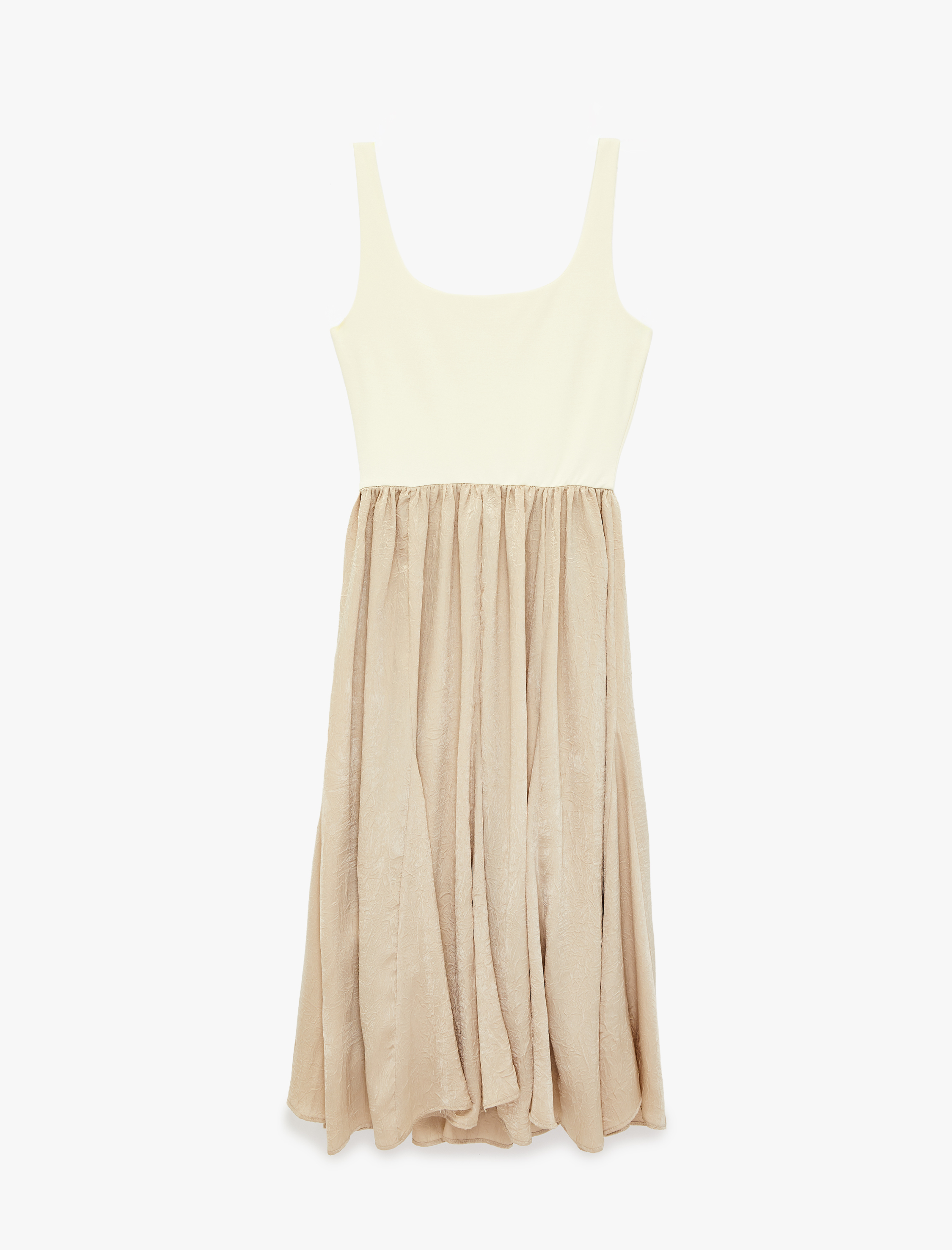   İki Farklı Kumaş Kullanımlı Kare Yaka Askılı Midi Elbise