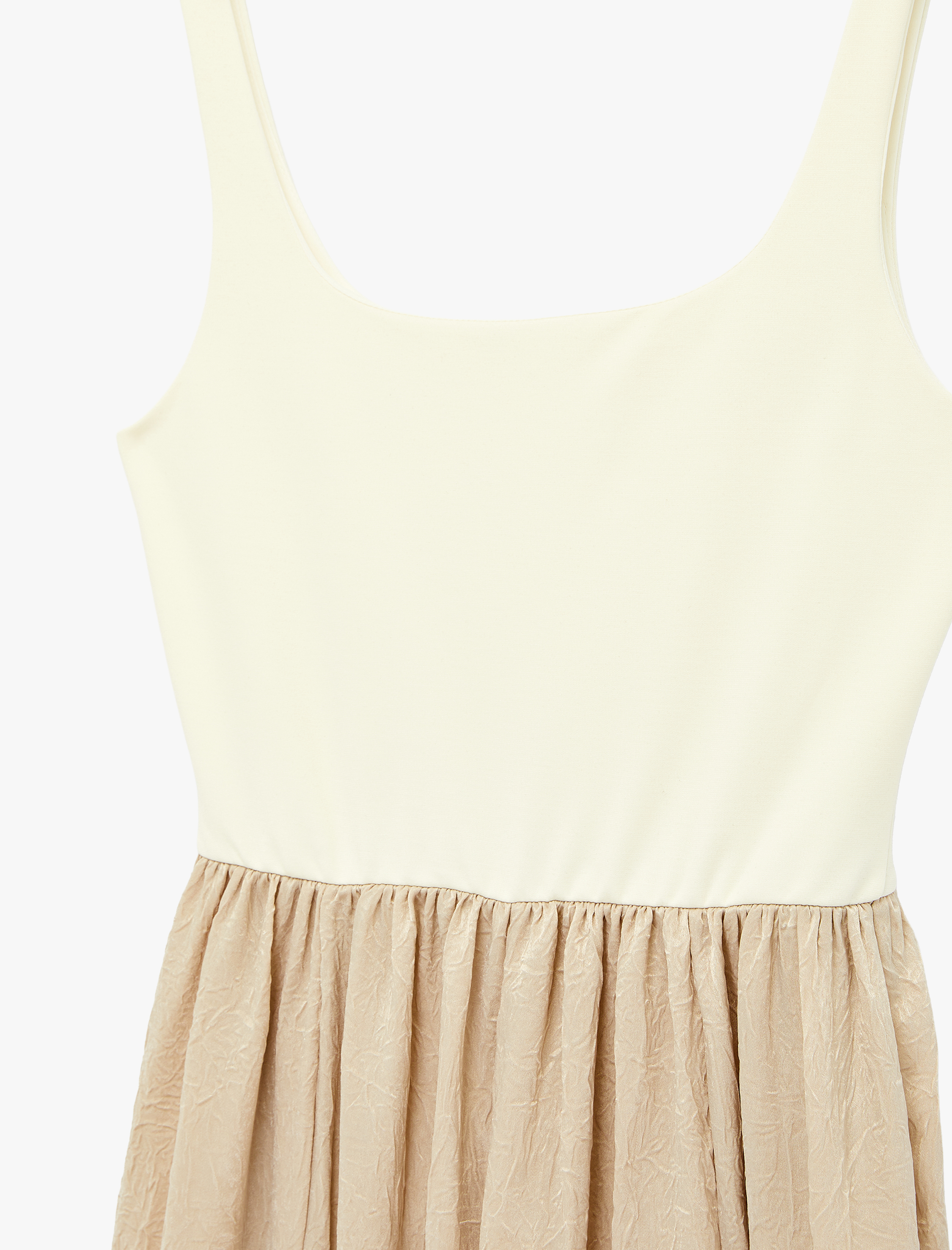   İki Farklı Kumaş Kullanımlı Kare Yaka Askılı Midi Elbise