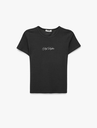 Slim Fit Kısa Kollu Bisiklet Yaka Arkası Melek Baskılı Tişört