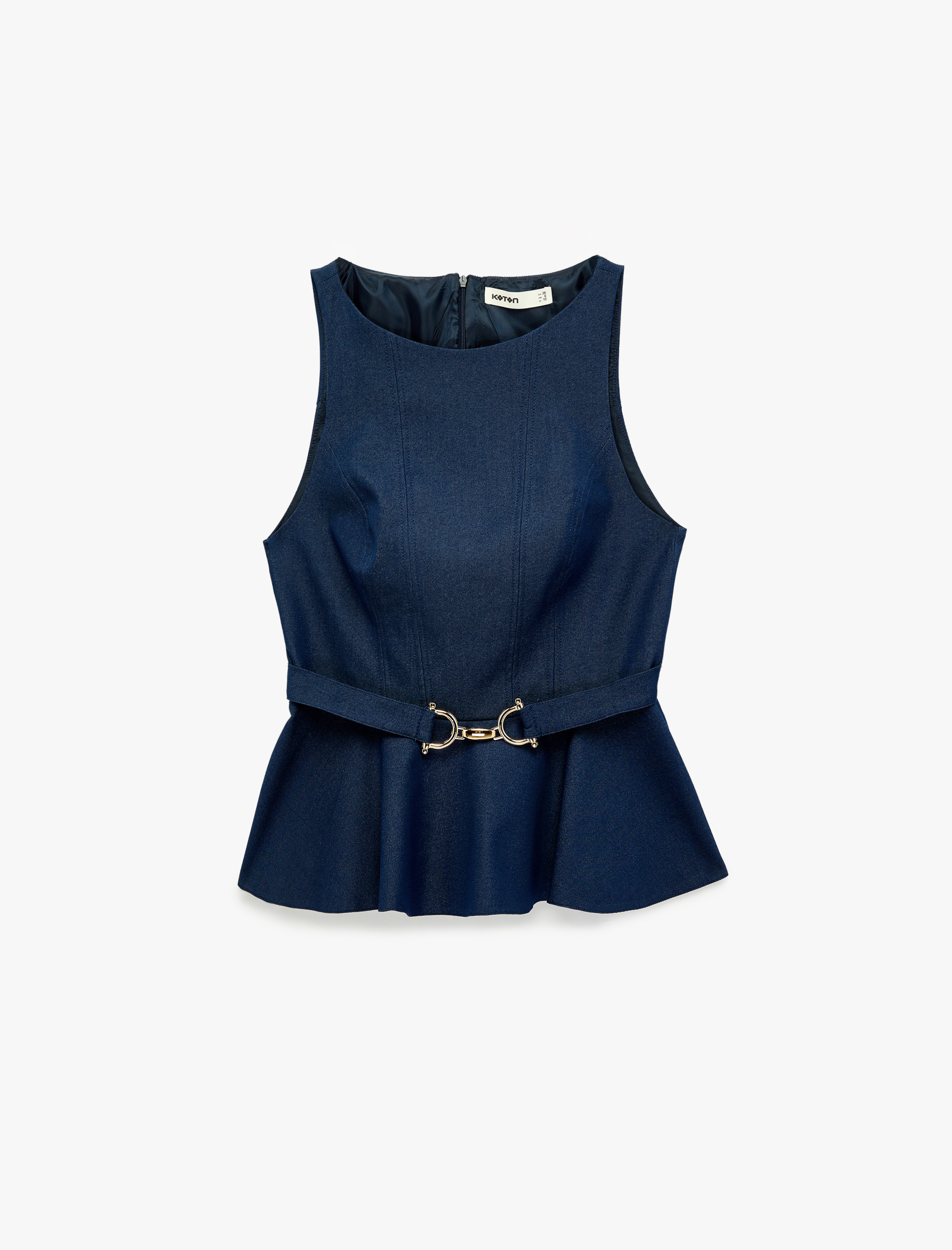   Bisiklet Yaka Metal Aksesuarlı Kemerli Kolsuz Peplum Bluz