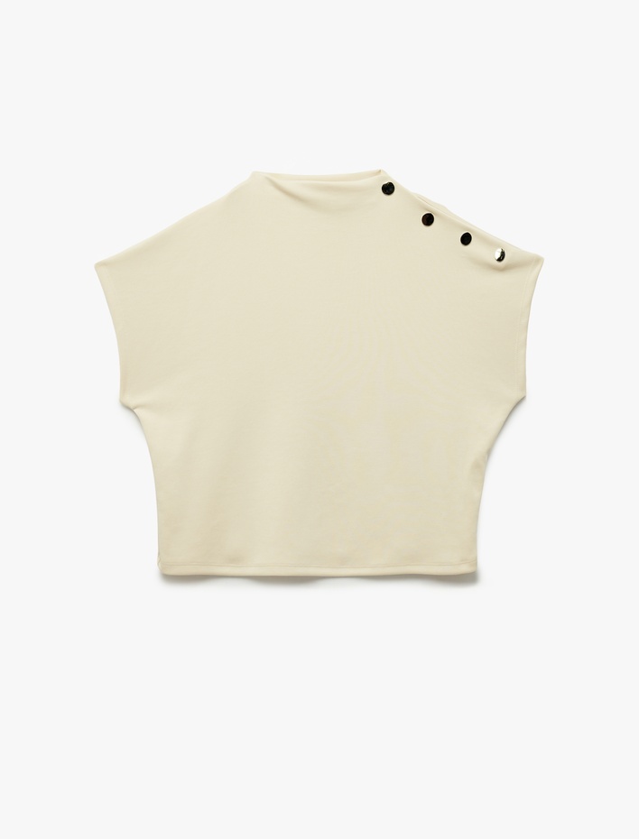  Modal Kumaş Aksesuar Düğme Detaylı Hafif Dik Yaka Kolsuz Tişört