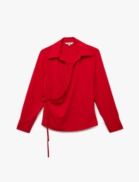 Bağlama Detaylı Uzun Kollu Kruvaze Yaka Gömlek