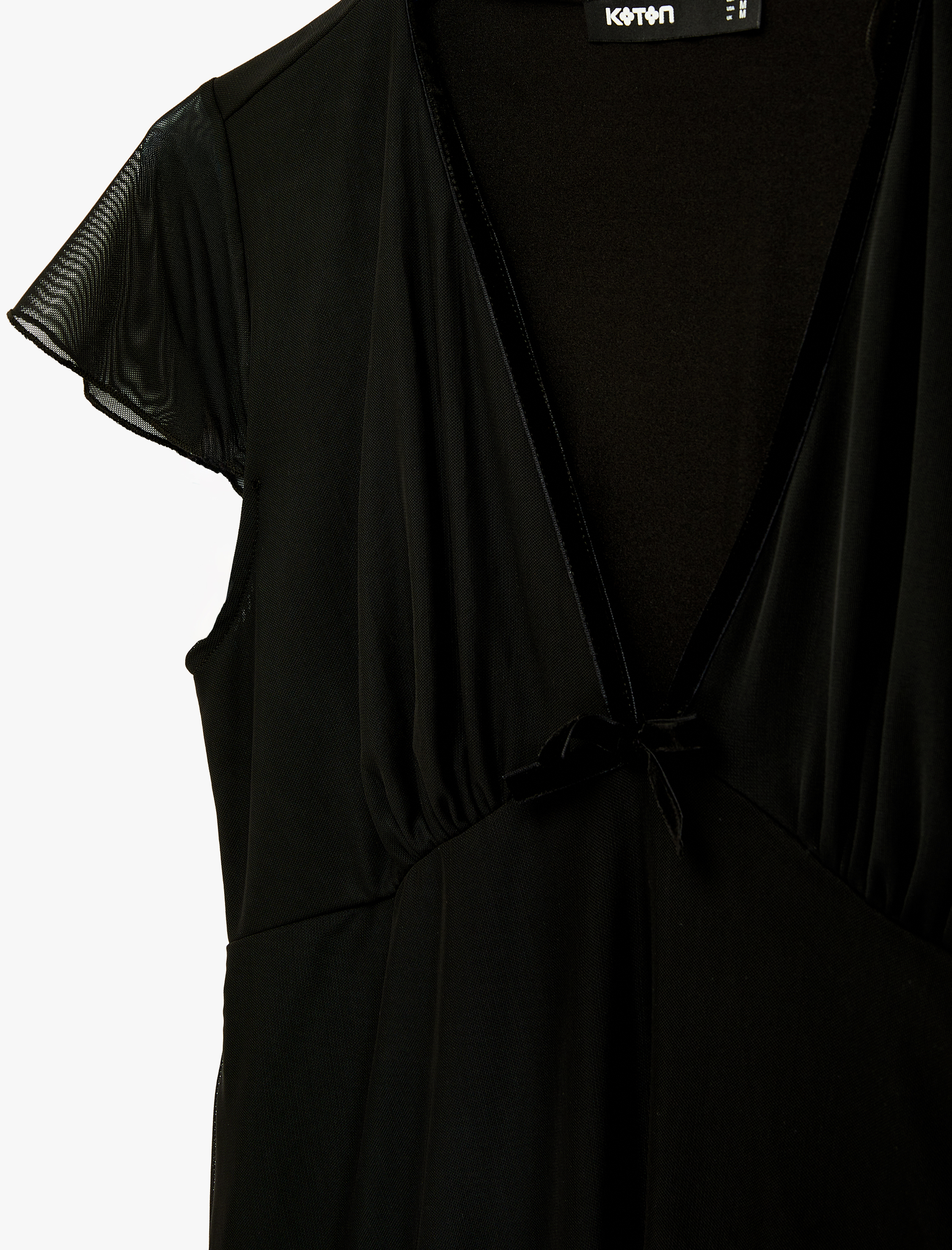   Slim Fit Fiyonk Detaylı Midi Boy V Yaka Karpuz Kol Tül Elbise