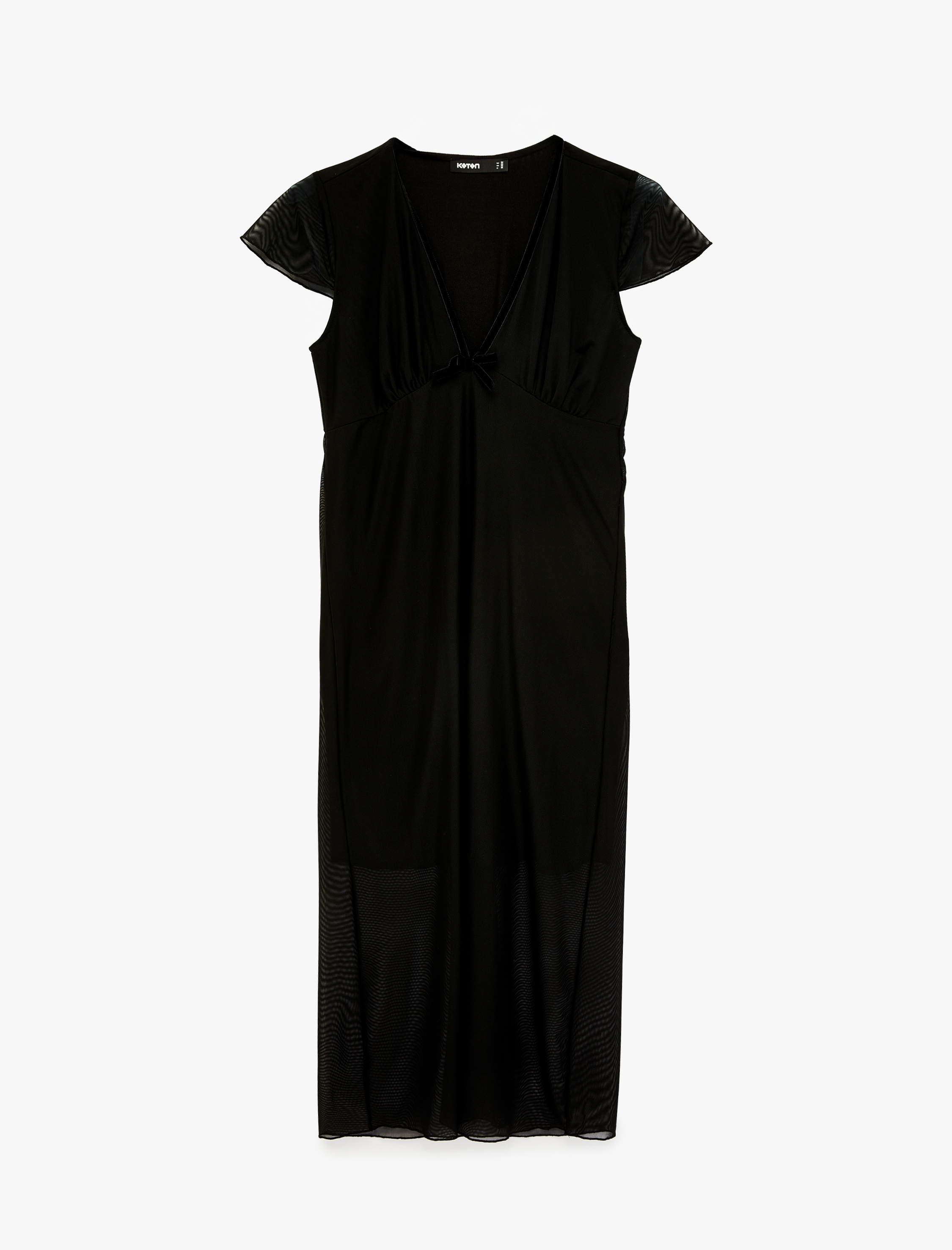   Slim Fit Fiyonk Detaylı Midi Boy V Yaka Karpuz Kol Tül Elbise