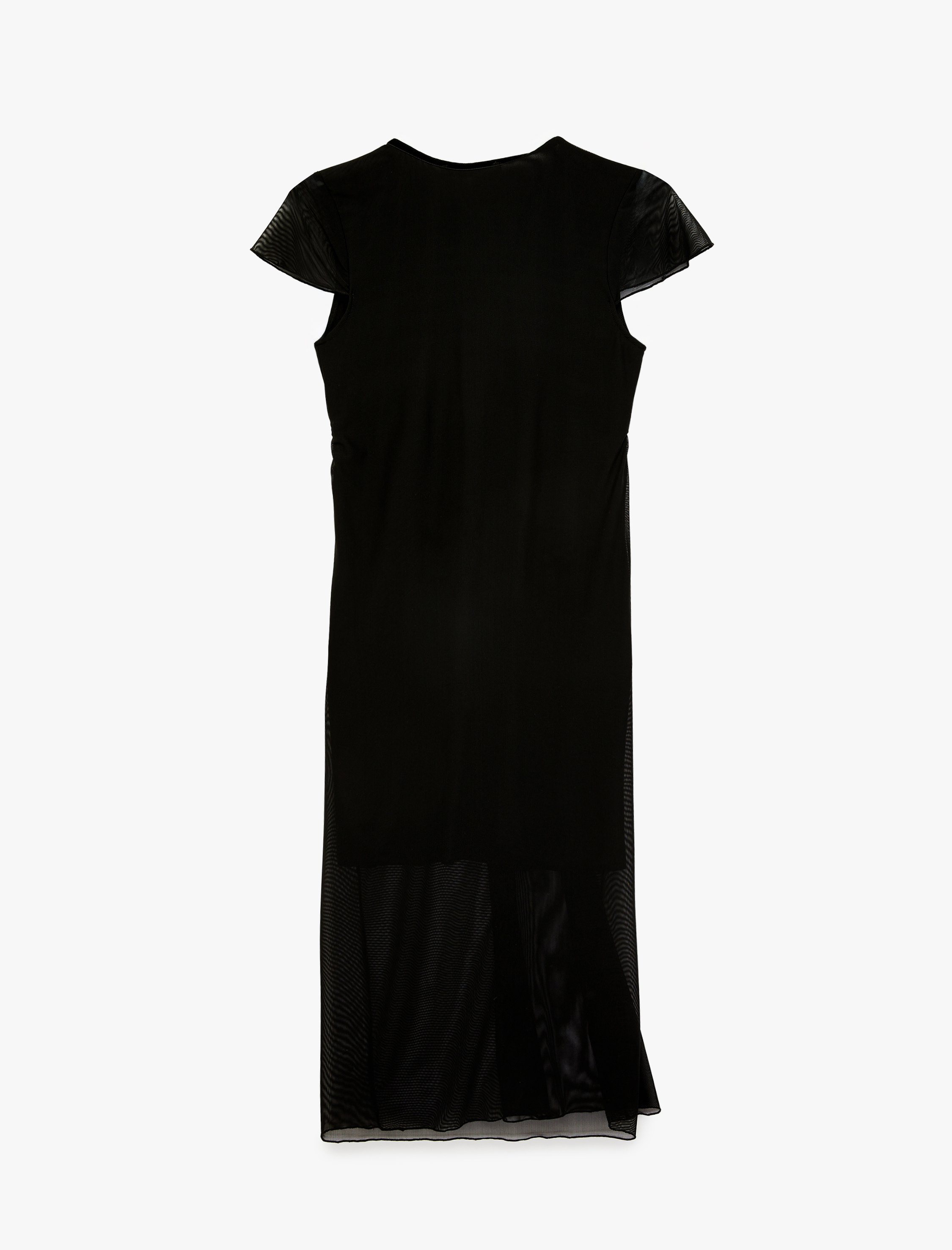   Slim Fit Fiyonk Detaylı Midi Boy V Yaka Karpuz Kol Tül Elbise