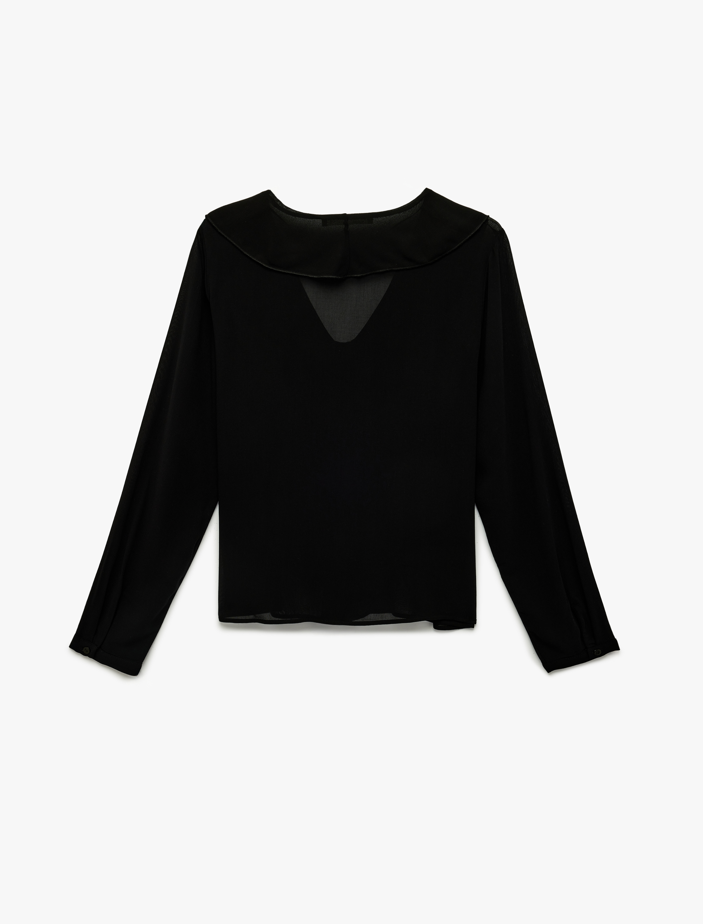   Viskon Uzun Kollu Düğmeli V Yaka Volanlı Gömlek