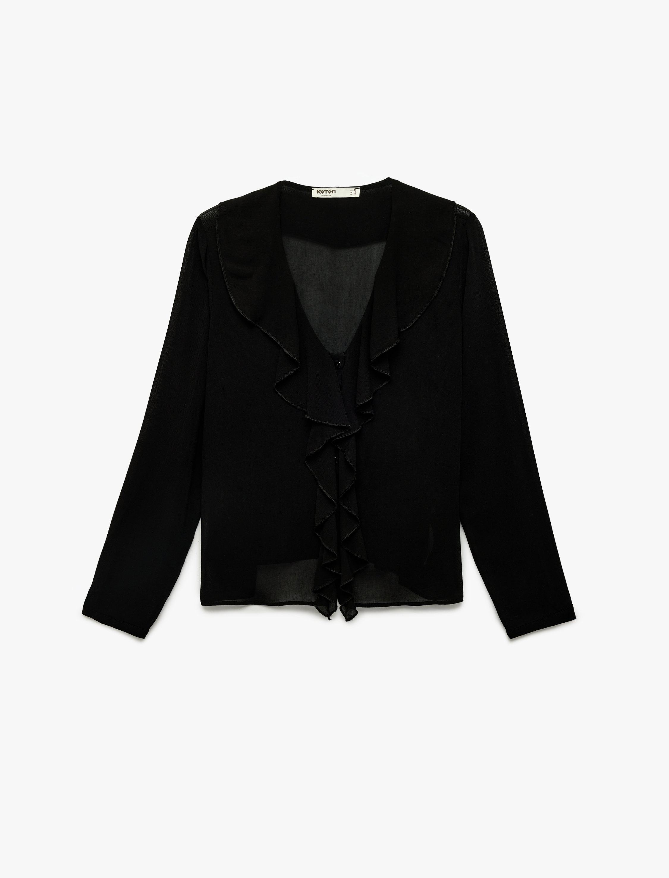   Viskon Uzun Kollu Düğmeli V Yaka Volanlı Gömlek