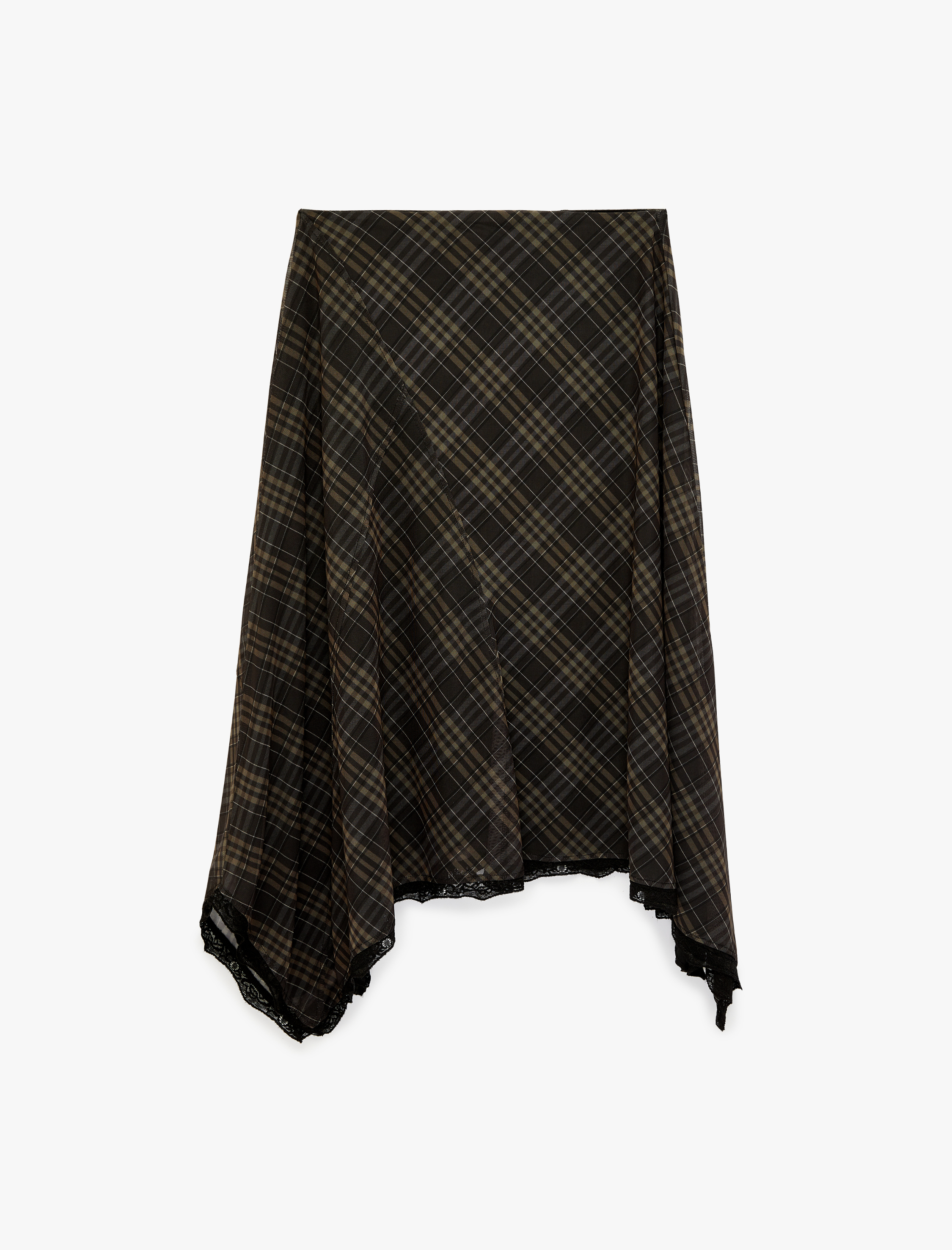   Normal Bel Asimetrik Kesim Tül Midi Ekoseli Etek