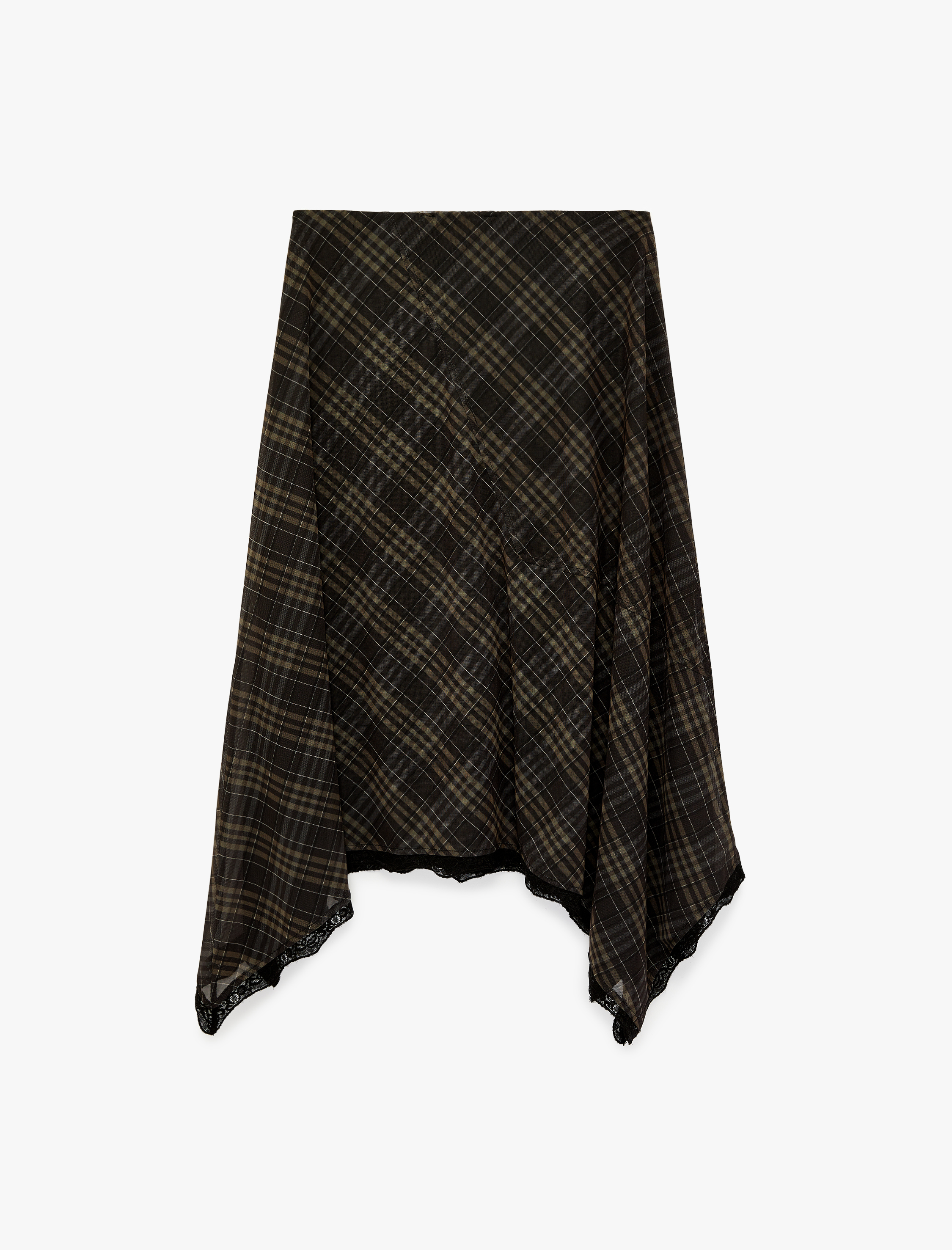   Normal Bel Asimetrik Kesim Tül Midi Ekoseli Etek