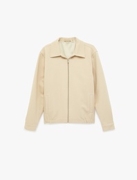 Regular Fit Uzun Kollu Cepli Gömlek Yaka Fermuarlı Bomber Ceket