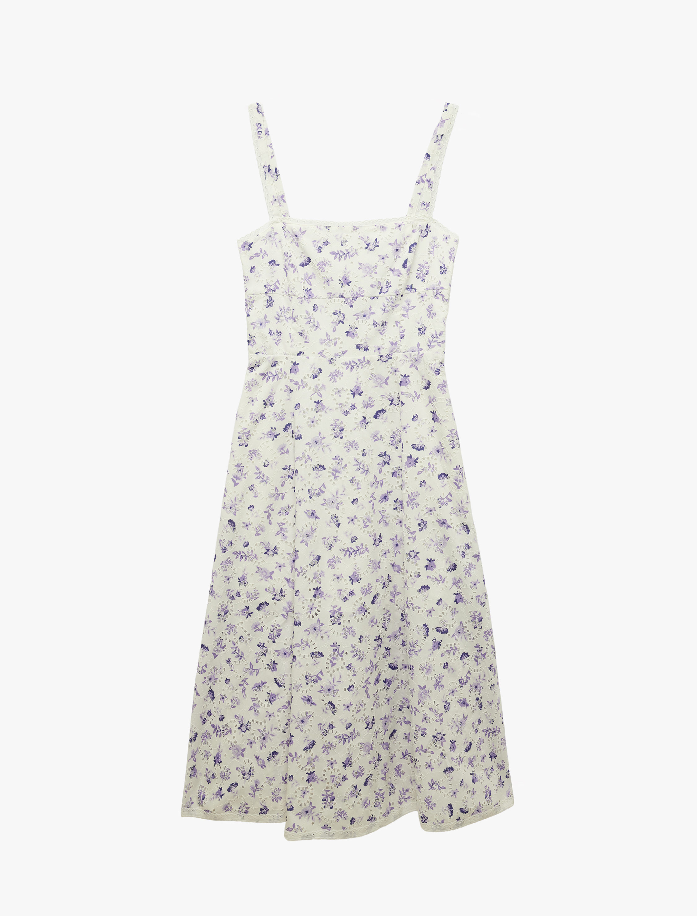   Pamuklu İnce Askılı Çiçekli Midi Kloş Poplin Elbise