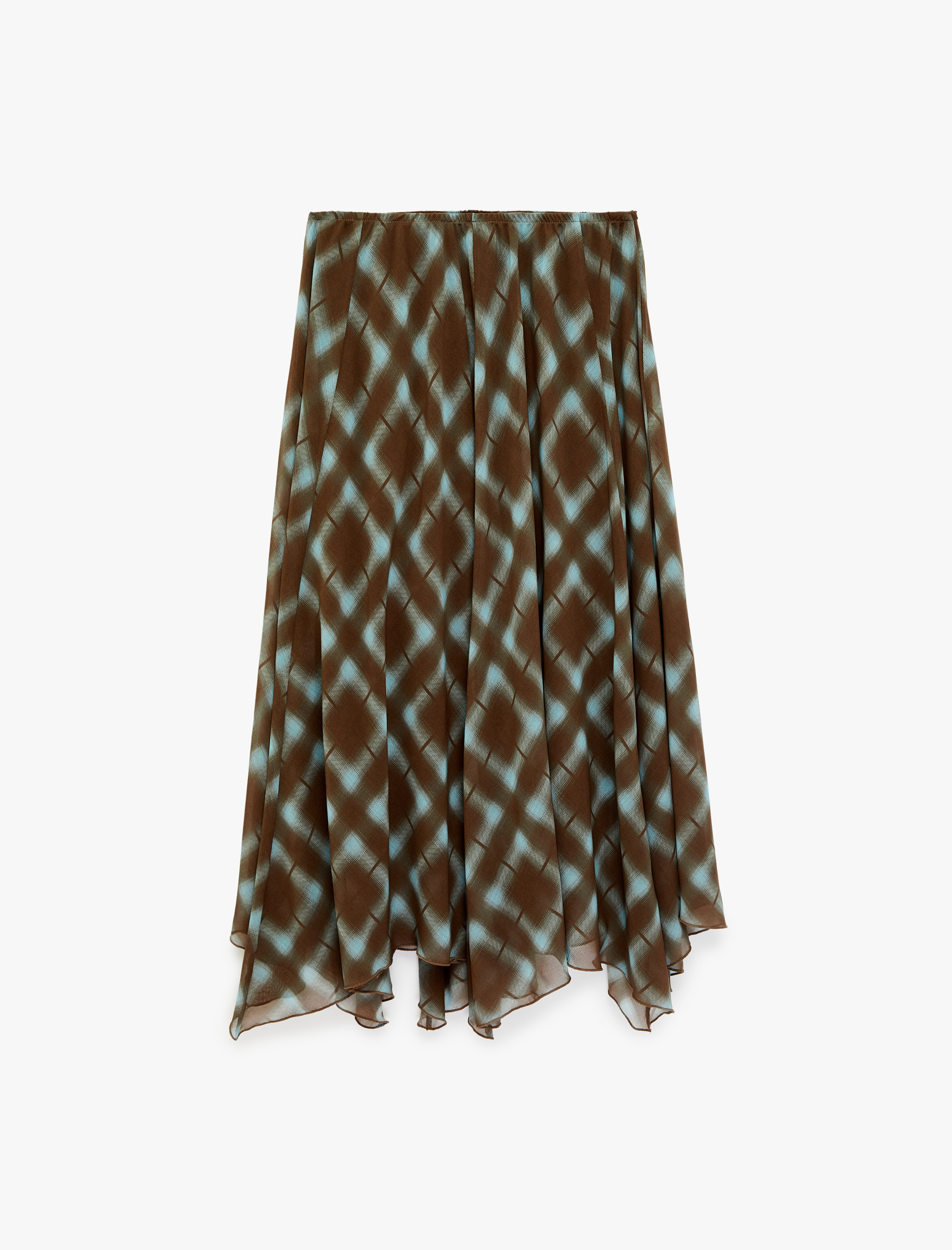   Asimetrik Kloş Kesim Kareli Şifon Midi Etek