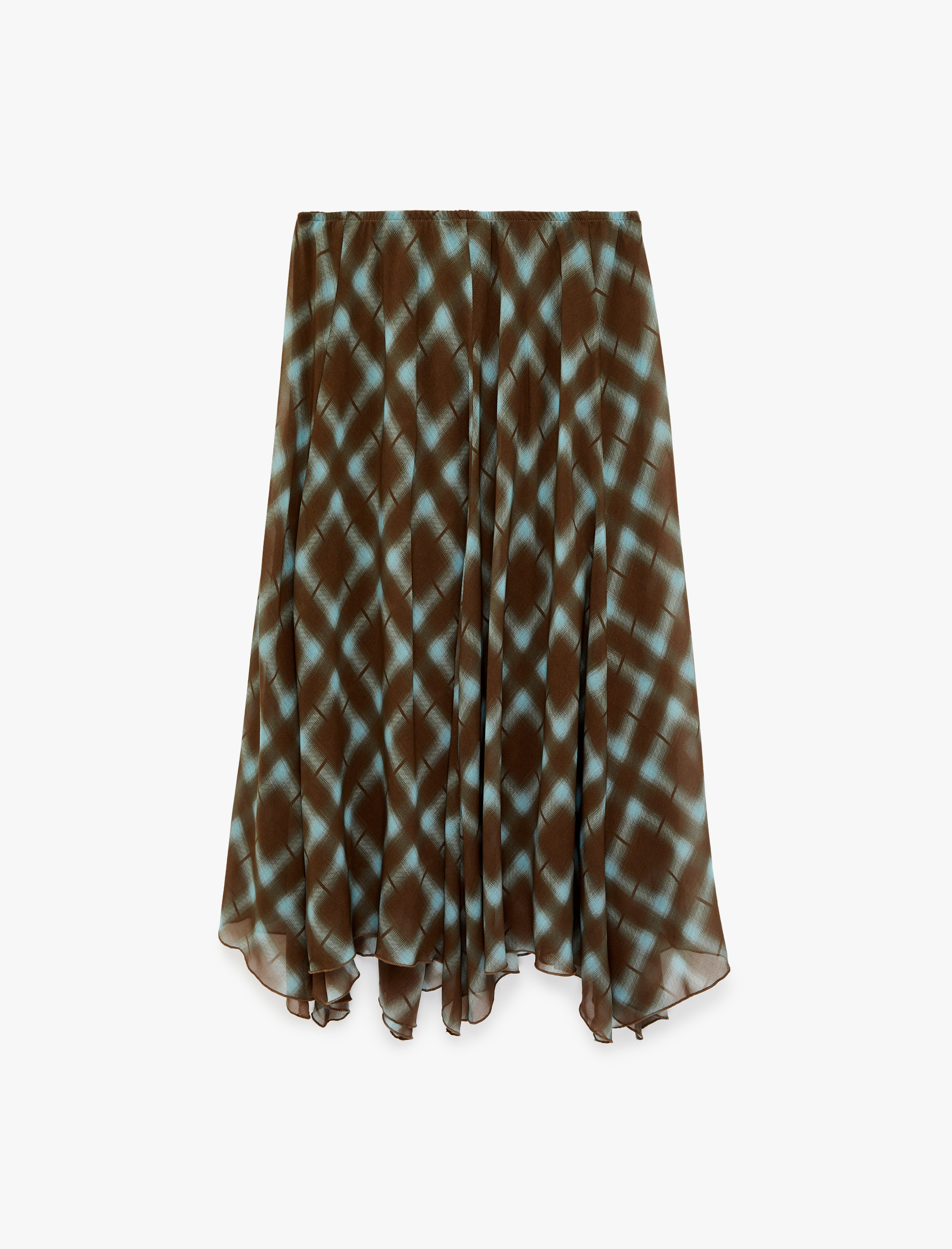   Asimetrik Kloş Kesim Kareli Şifon Midi Etek