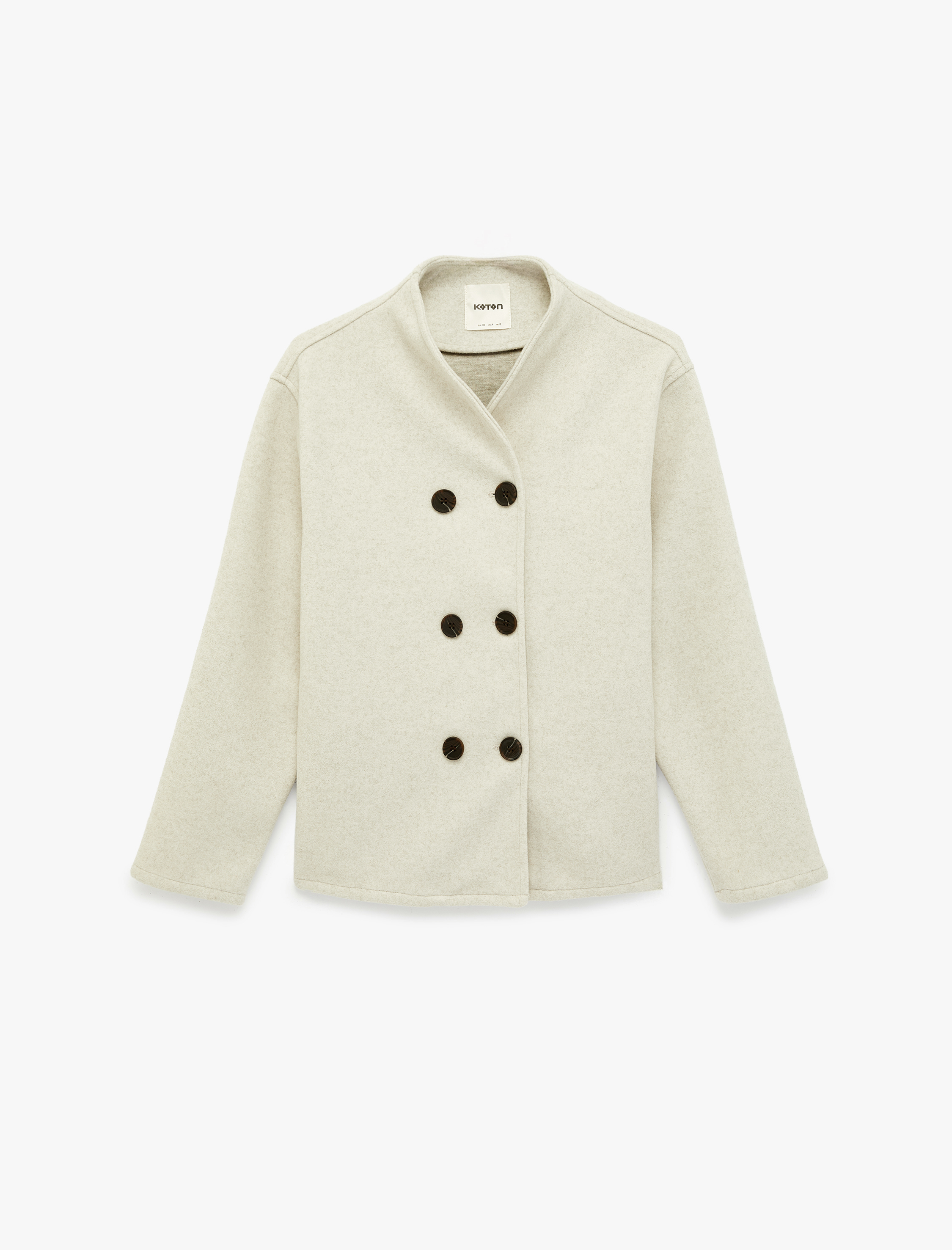   Uzun Kollu Cepli Hafif Dik Yaka Kruvaze Düğmeli Kaşe Ceket