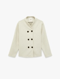 Uzun Kollu Cepli Hafif Dik Yaka Kruvaze Düğmeli Kaşe Ceket