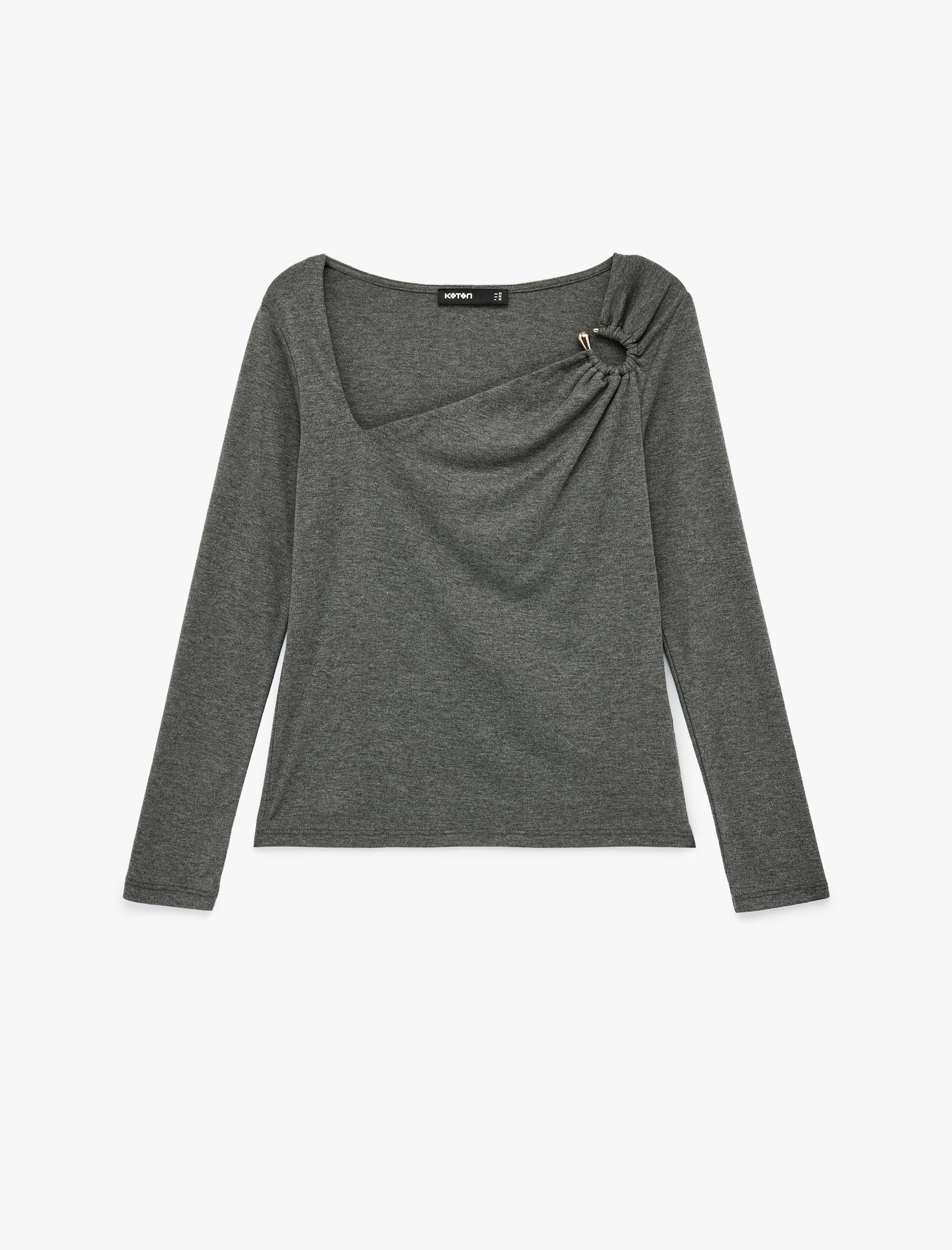   Slim Fit Uzun Kollu Aksesuar Detaylı Asimetrik Yaka Tişört