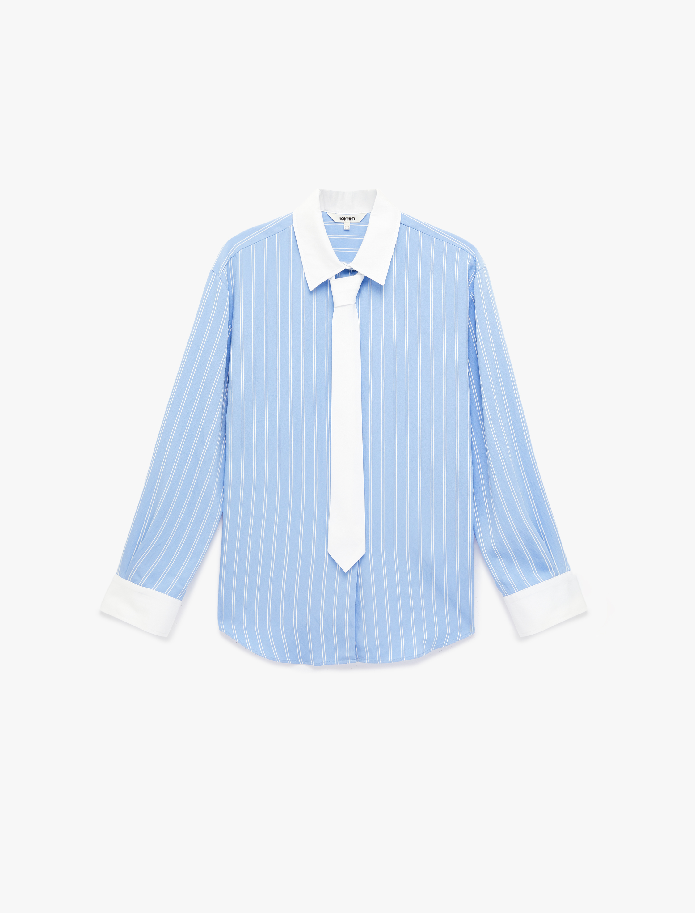   Viskon Kumaş Uzun Kollu Kuşak Detaylı Çizgili Gömlek