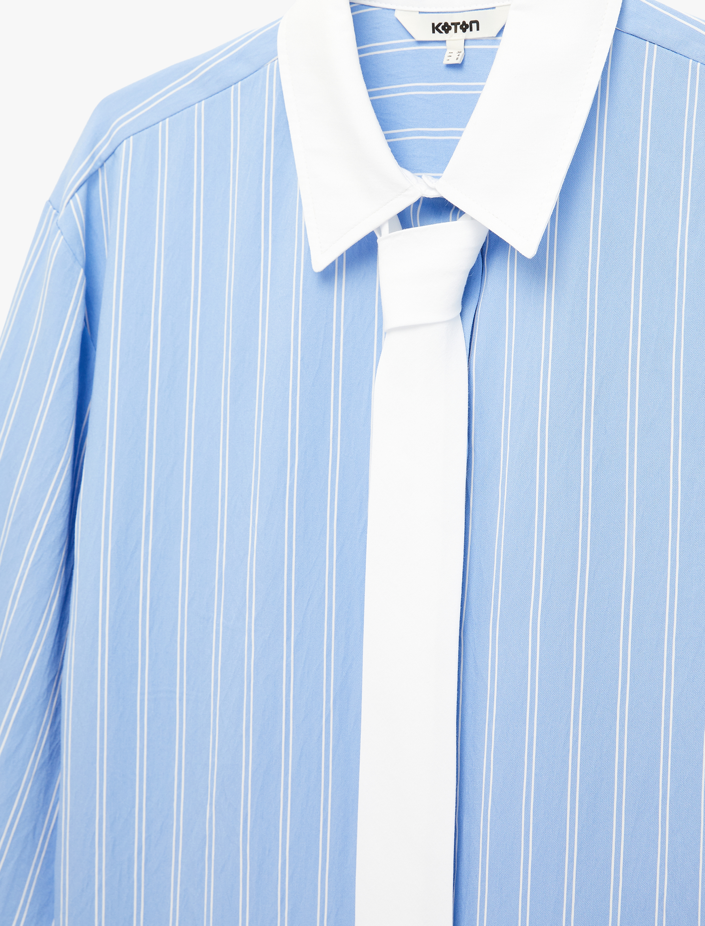   Viskon Kumaş Uzun Kollu Kuşak Detaylı Çizgili Gömlek