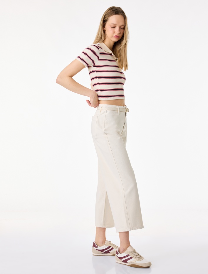  Kemer Detaylı Pamuklu Kısa Geniş Paça Pantolon - Wide Leg Jeans