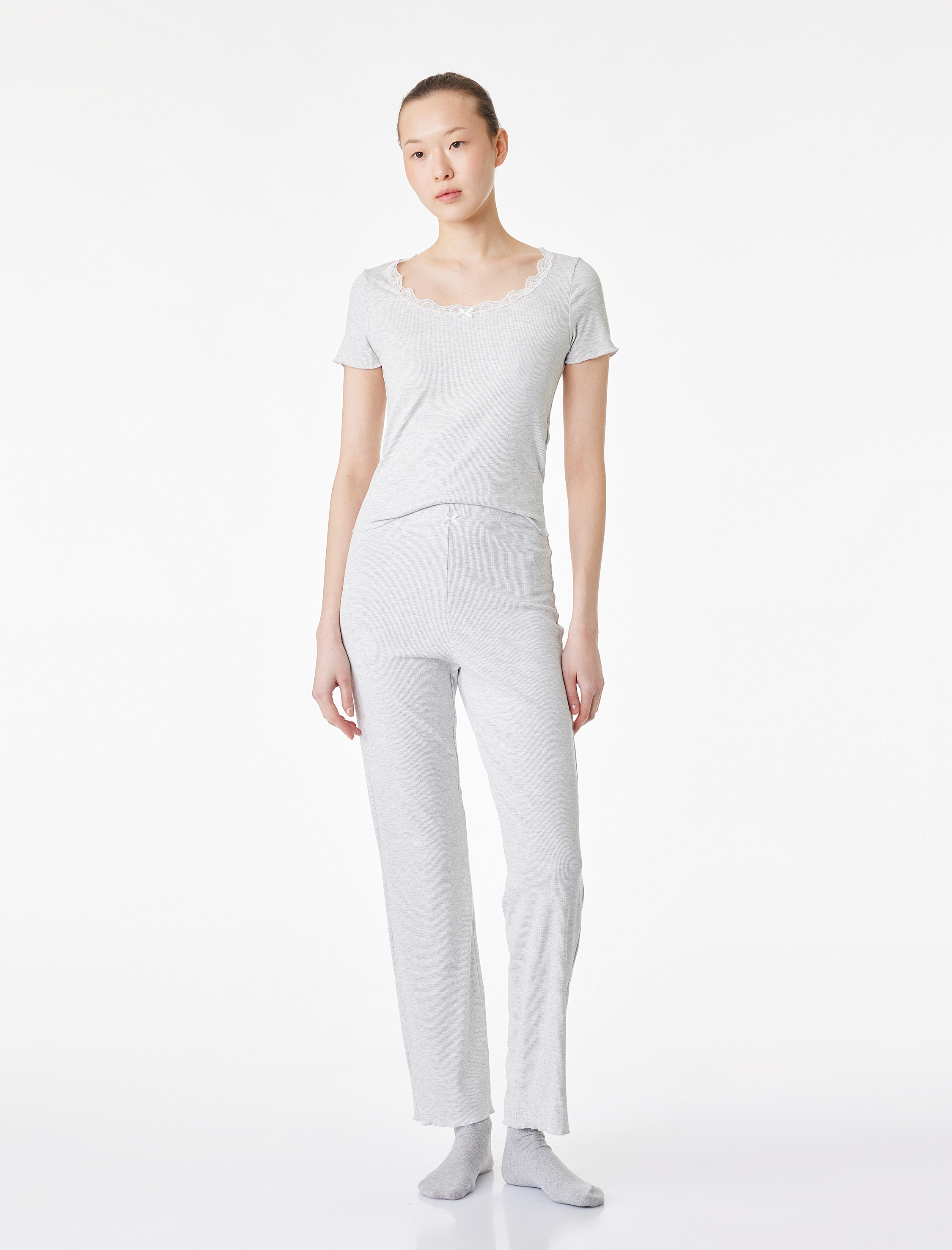   Viskon Slim Fit Kısa Kollu Bisiklet Yaka Tişört Pijama Takımı