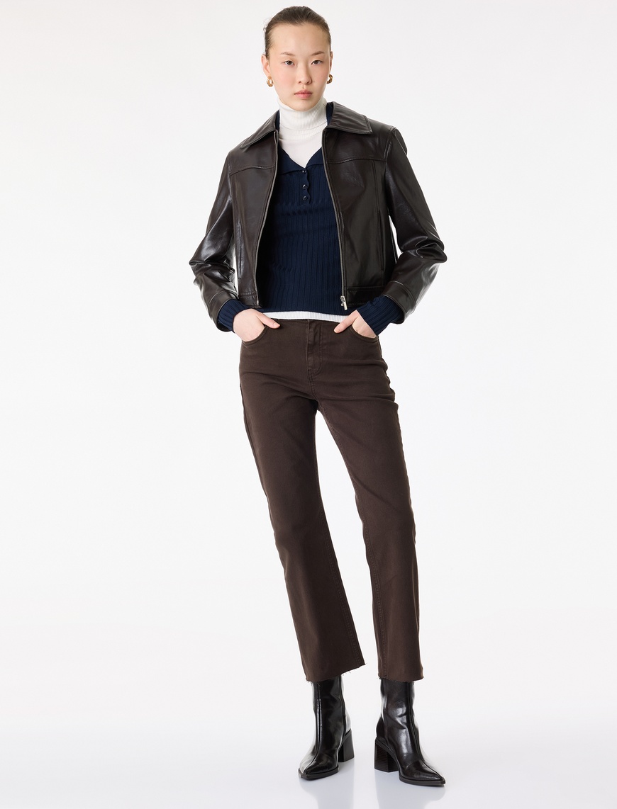 Koton Kadın Pamuklu Cepli Düğmeli İspanyol Paça Crop Jean Pantolon -  Kick Flare Jeans