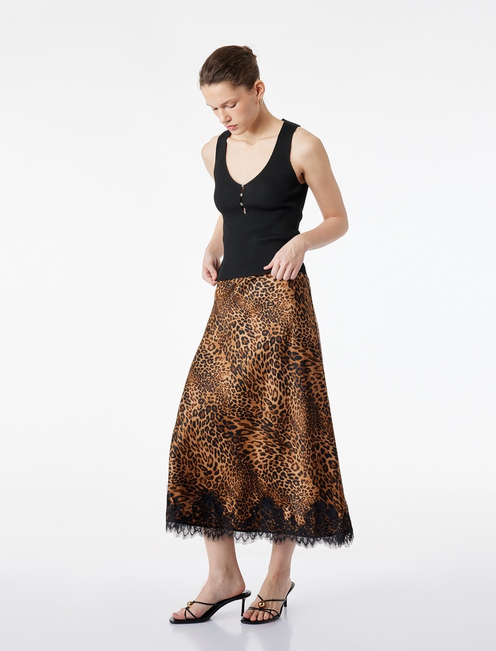  Slim Fit Dantel Detaylı Leopar Desenli Saten Etek
