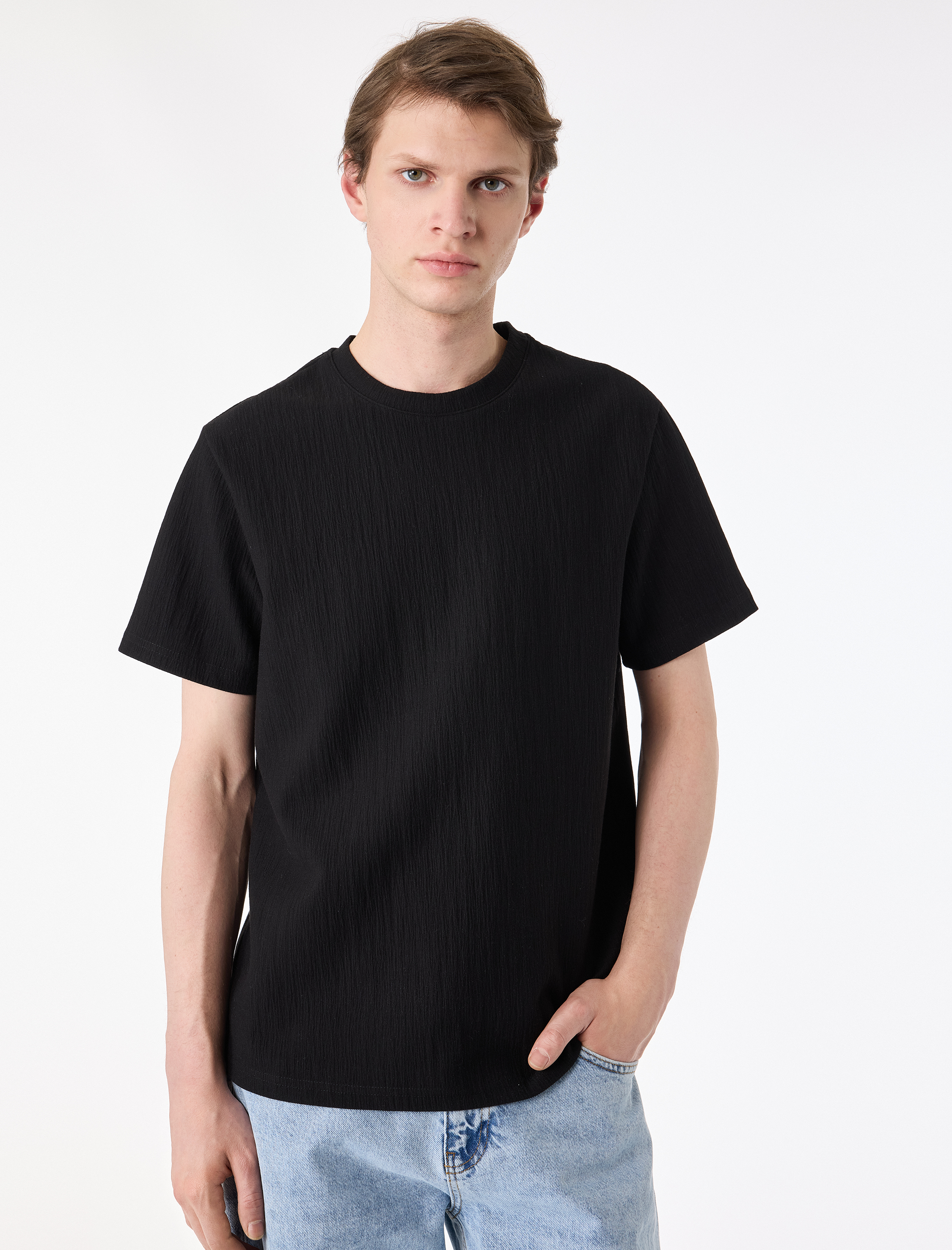   Regular Fit Kısa Kollu Dokulu Bisiklet Yaka Tişört