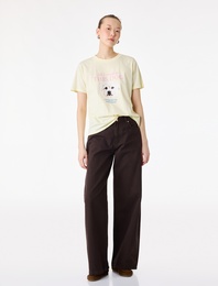 Kısa Kollu Bisiklet Yaka Pamuklu Köpek Baskılı Tişört