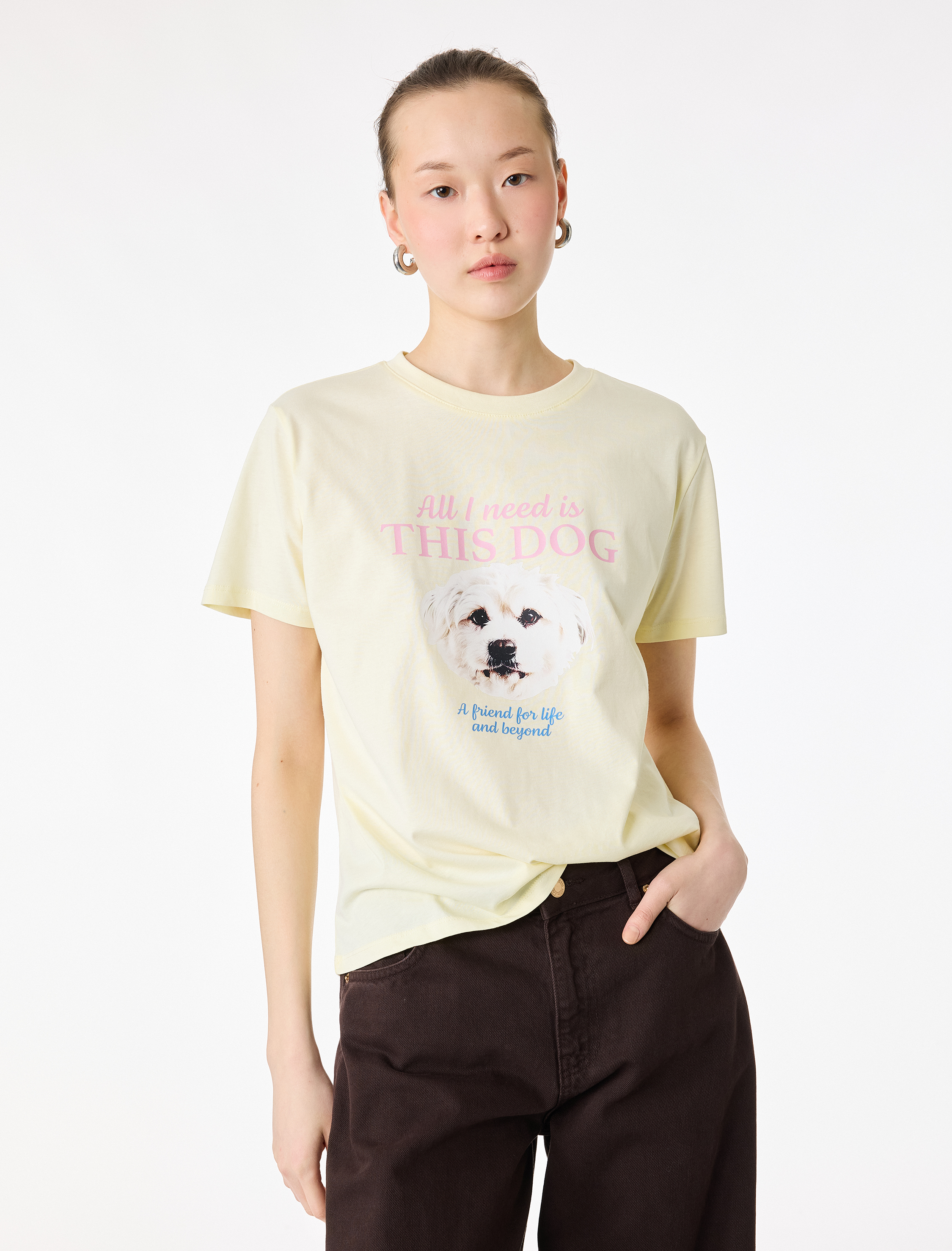   Kısa Kollu Bisiklet Yaka Pamuklu Köpek Baskılı Tişört