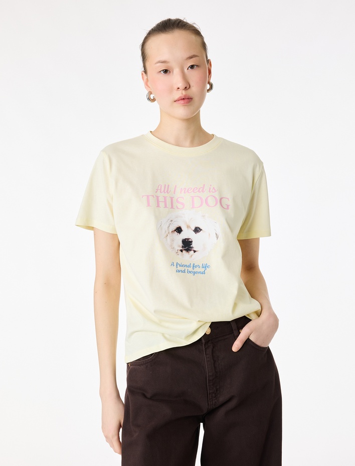  Kısa Kollu Bisiklet Yaka Pamuklu Köpek Baskılı Tişört