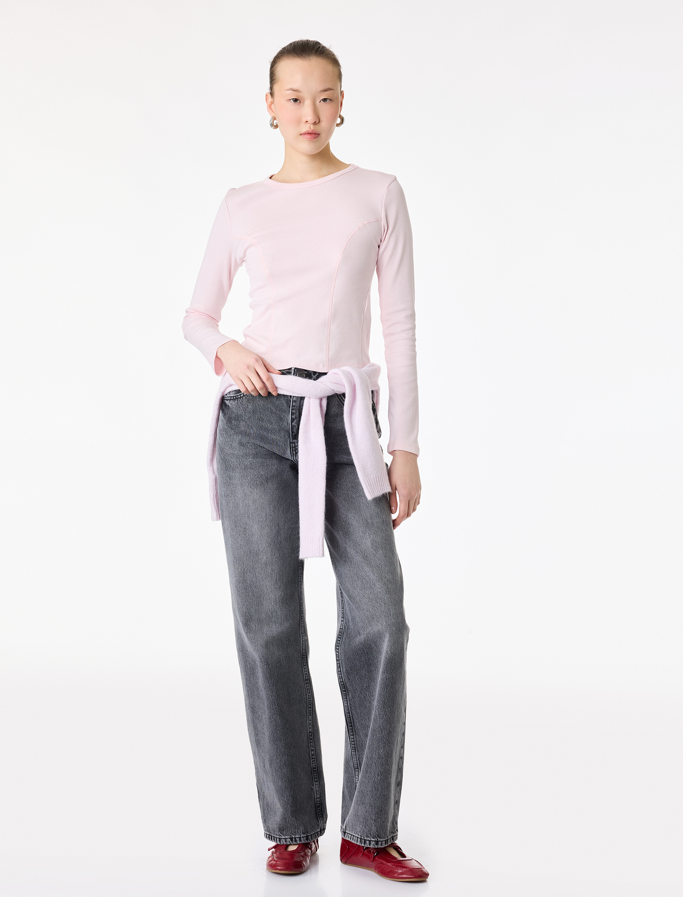   Pamuklu Slim Fit Uzun Kollu Dikiş Detaylı Bisiklet Yaka Tişört