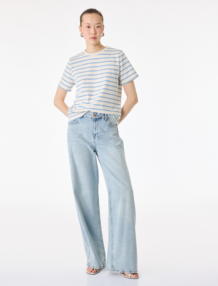  Pamuklu Kısa Kollu Bisiklet Yaka Çizgili Tişört