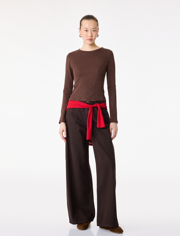  Pamuklu Slim Fit Uzun Kollu Dikiş Detaylı Bisiklet Yaka Tişört