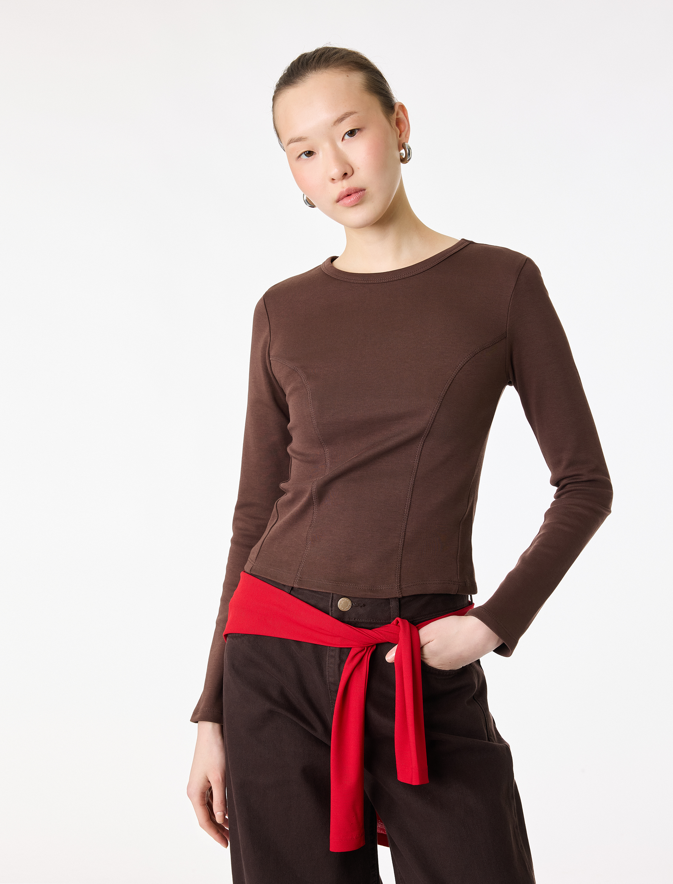   Pamuklu Slim Fit Uzun Kollu Dikiş Detaylı Bisiklet Yaka Tişört